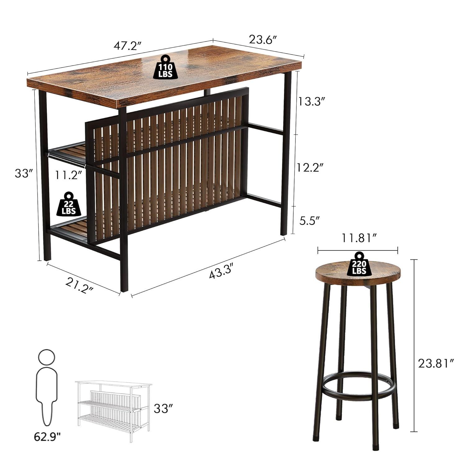 DKLGG Kitchen Island with Storage, 3 Piece Dining Table Set with 2 Tier Storage Shelves, Bar Table with Barstool, Sturdy Island Table with Chairs for Restaurant, Living Room