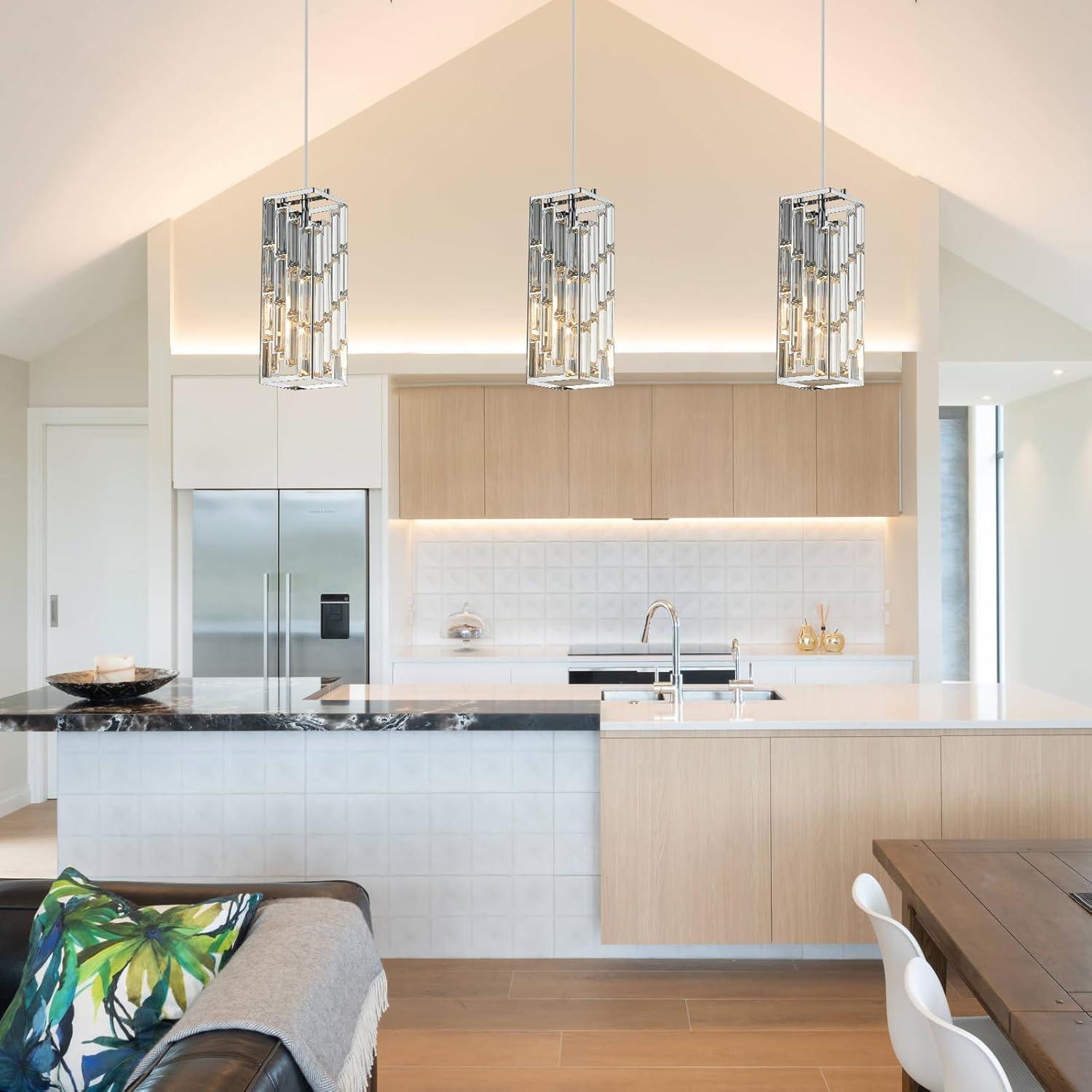 Miniyam Modern Crystal Pendant Light, 3-Pack Adjustable Hanging Ceiling Lamp for Dining Room, Chrome