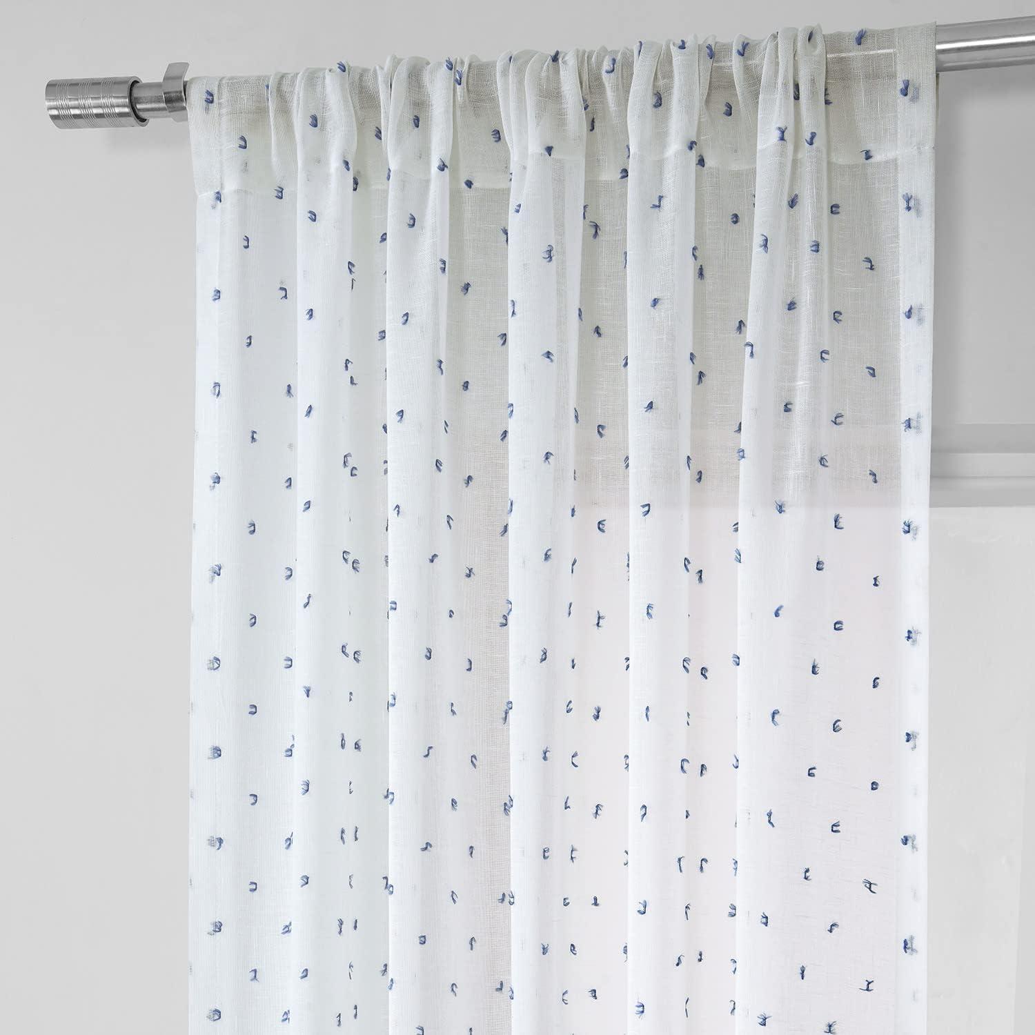 Altair Blue Patterned Faux Linen Sheer Curtains 50 x 108