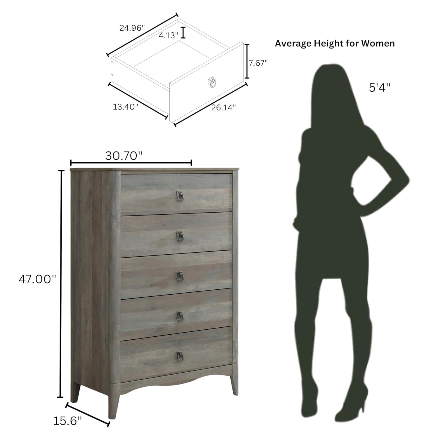 Breakwater Bay Celine 5 Drawers Dresser with Pre-Assembled Interlock and Slide, 47" Tall Modern Chest of Drawers, Wood Drawer Organizer for Bedroom, Living Room, Hallway, Entryway, Drift Wood Gray & Reviews | Wayfair