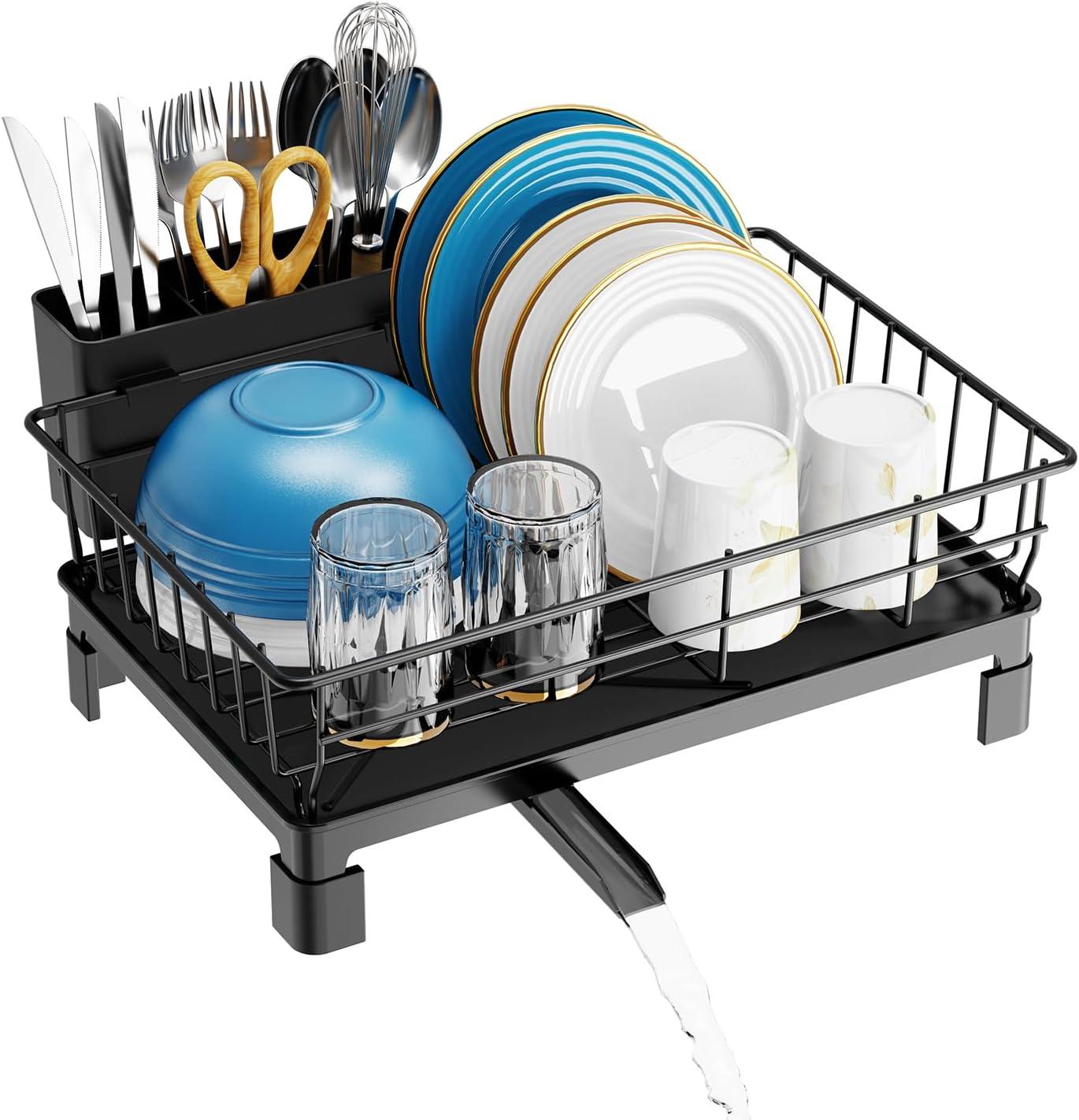 iSPECLE Rejilla para Secar Platos con Escurridor - Rejillas para Platos para Encimera de Cocina, Escurridor de Platos Compacto Resistente a la Oxidación con Soporte para Utensilios, Pico de Drenaje y Pies Altos en Bandeja de Goteo, Negro