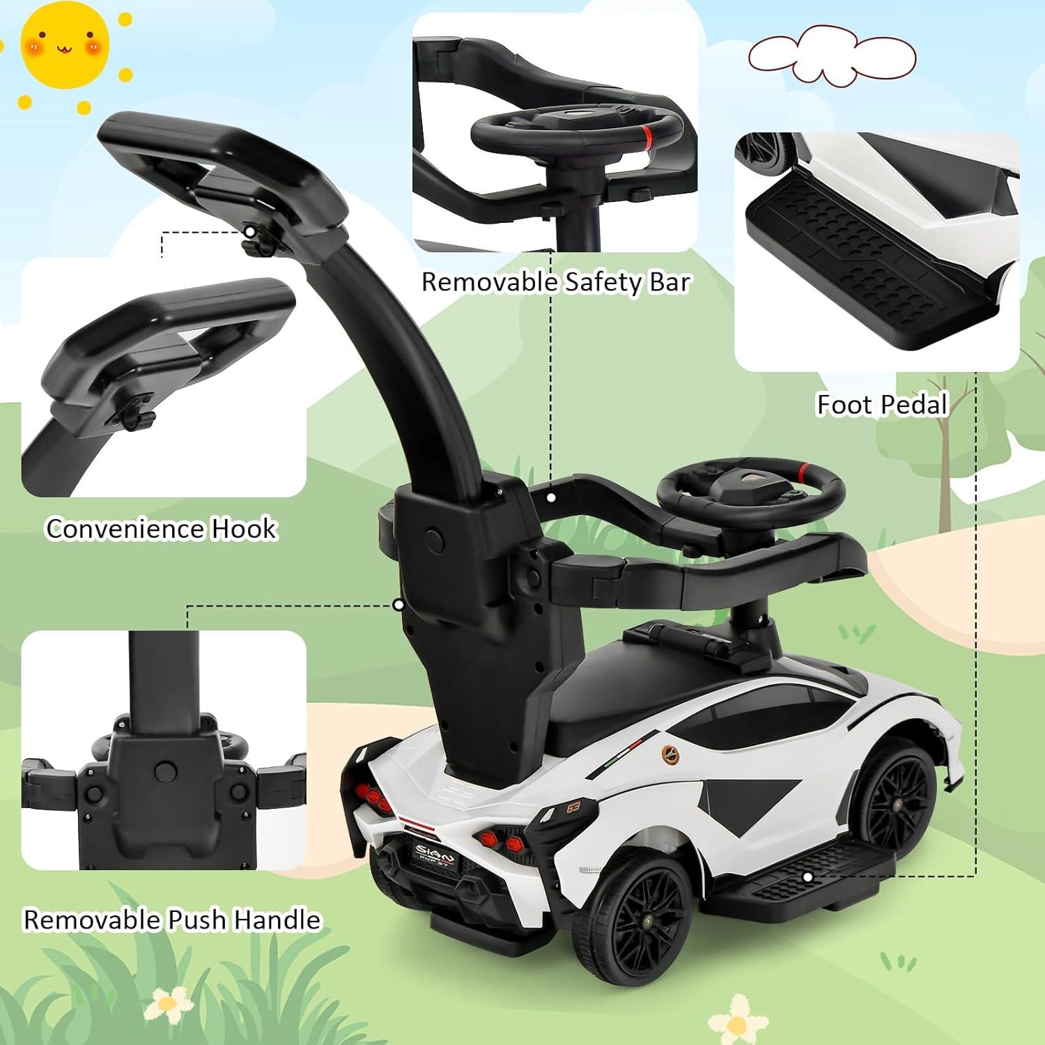 OLAKIDS 3 In 1 Ride on Push Car, Licensed Lamborghini Stroller Sliding Walking Car with Push Handle, Music, USB, Headlight, Under Seat Storage, Kids Foot-to-Floor Toy for 18-60 Months