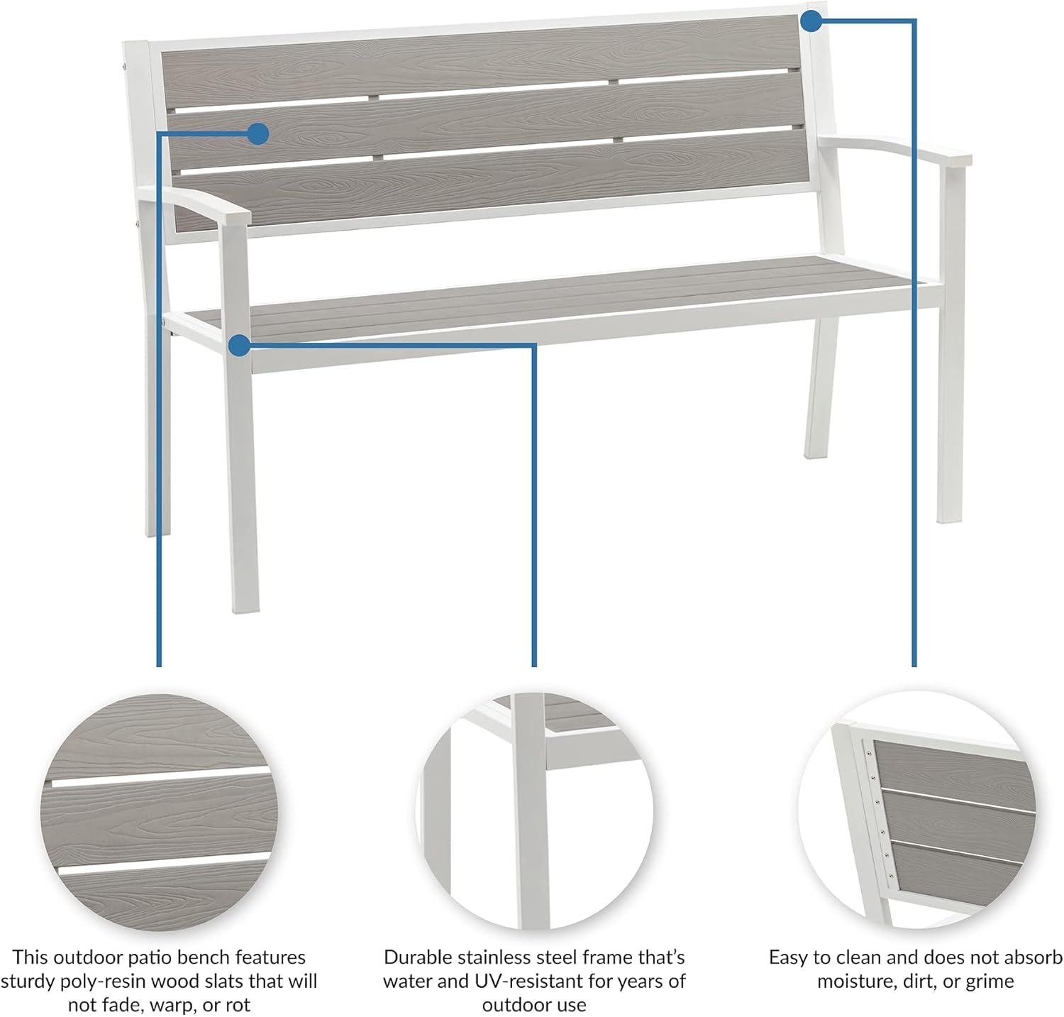 Modern White Stainless Steel 51" Patio Bench with Poly-Resin Slats