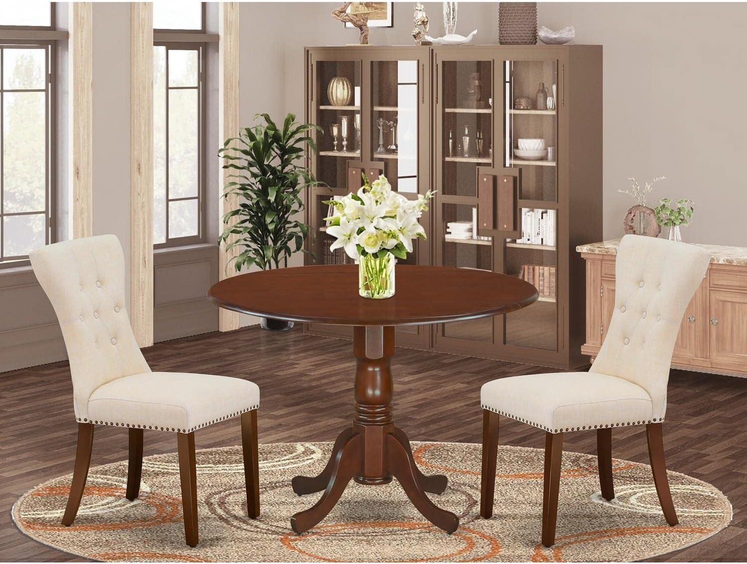 Mahogany Round Pedestal Dining Table Set with Beige Linen Chairs