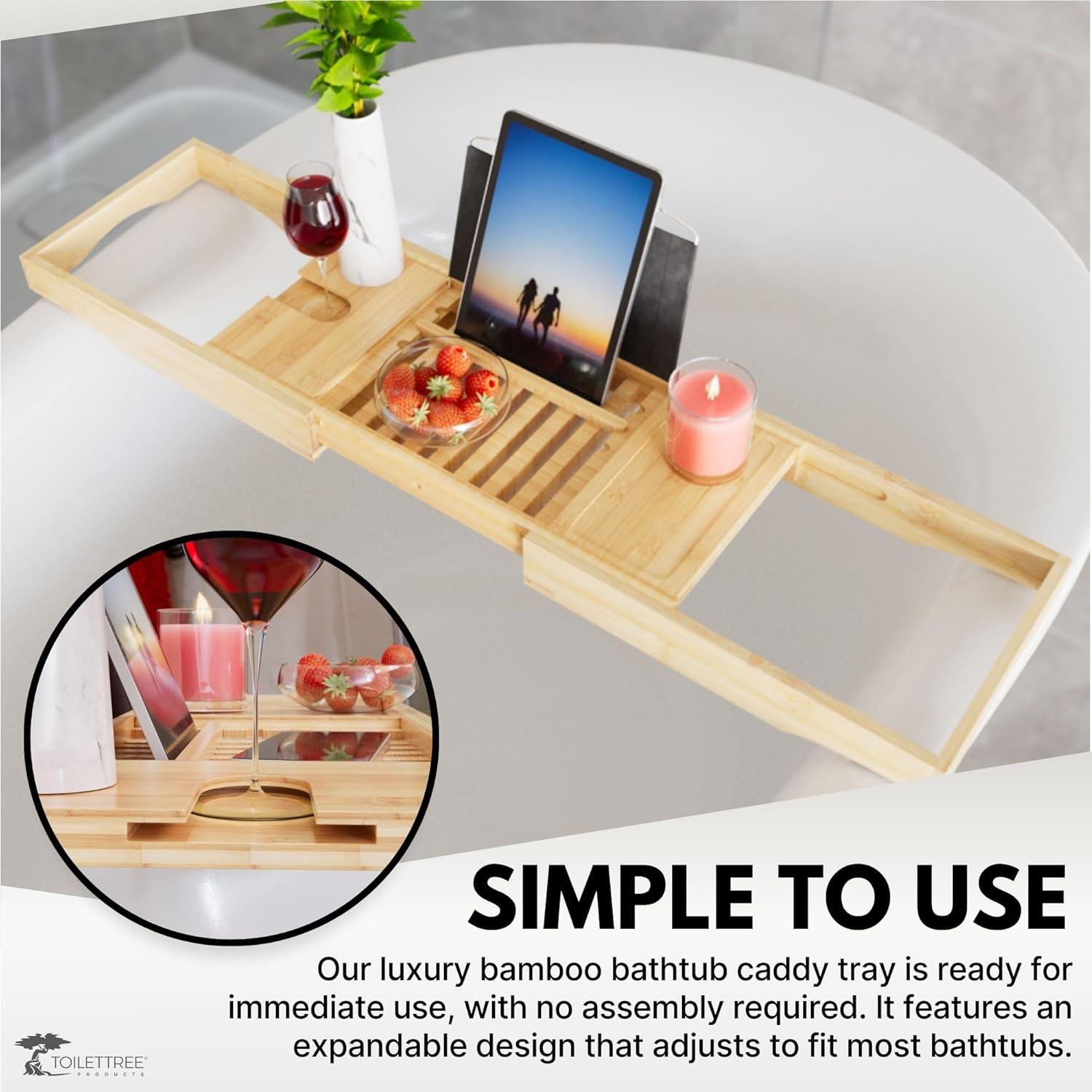 ToiletTree Products Bamboo Bathtub Caddy with Extending Sides and Adjustable Book Holder