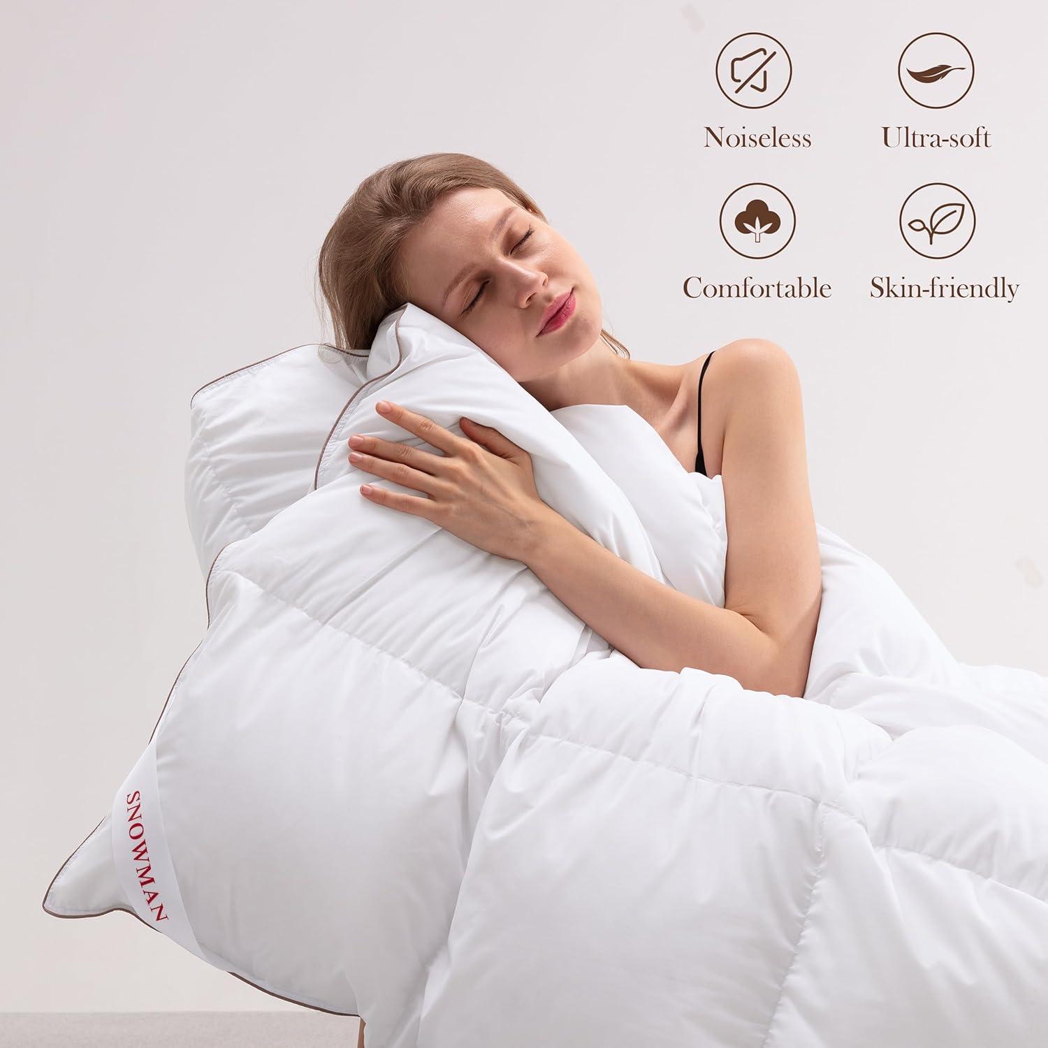 SNOWMAN Extra-Soft Down Blanket Queen, Lightweight Down Comforter with 8 Corner Tabs, Cooling Bed Comforter for Hot Sleepers, 18oz Fill Weight and Noiseless Down Proof Fabric (White, 90"x90")