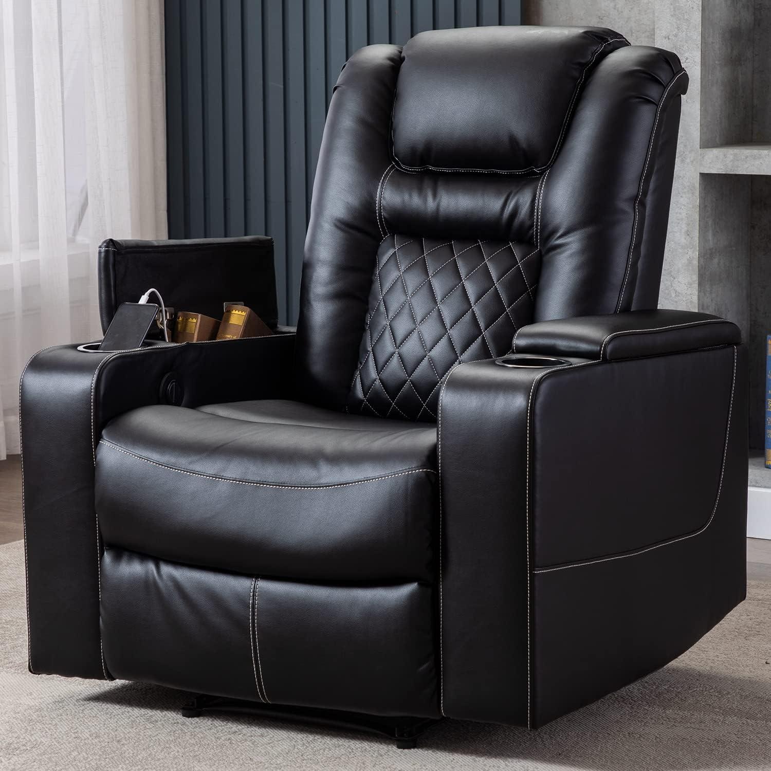 Bonzy Home Power Electric Recliner Chair with USB Ports and Cup Holders Leather Home Theater Seating, Living Room Chair Black