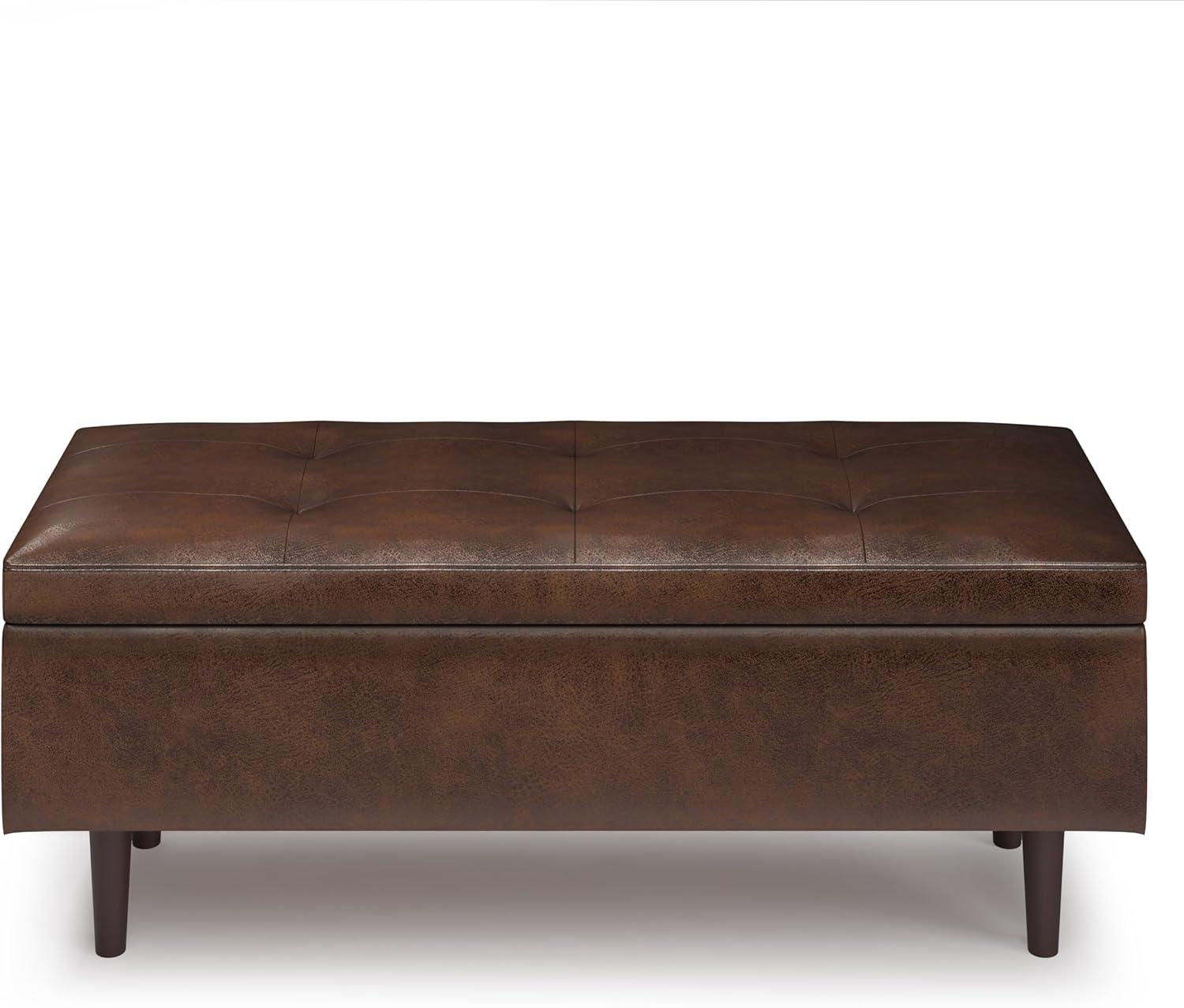 Simpli Home Shay 48 inch Wide Mid Century Modern Rectangle Mid Century Rectangular Storage Ottoman in Distressed Chestnut Brown Faux Leather