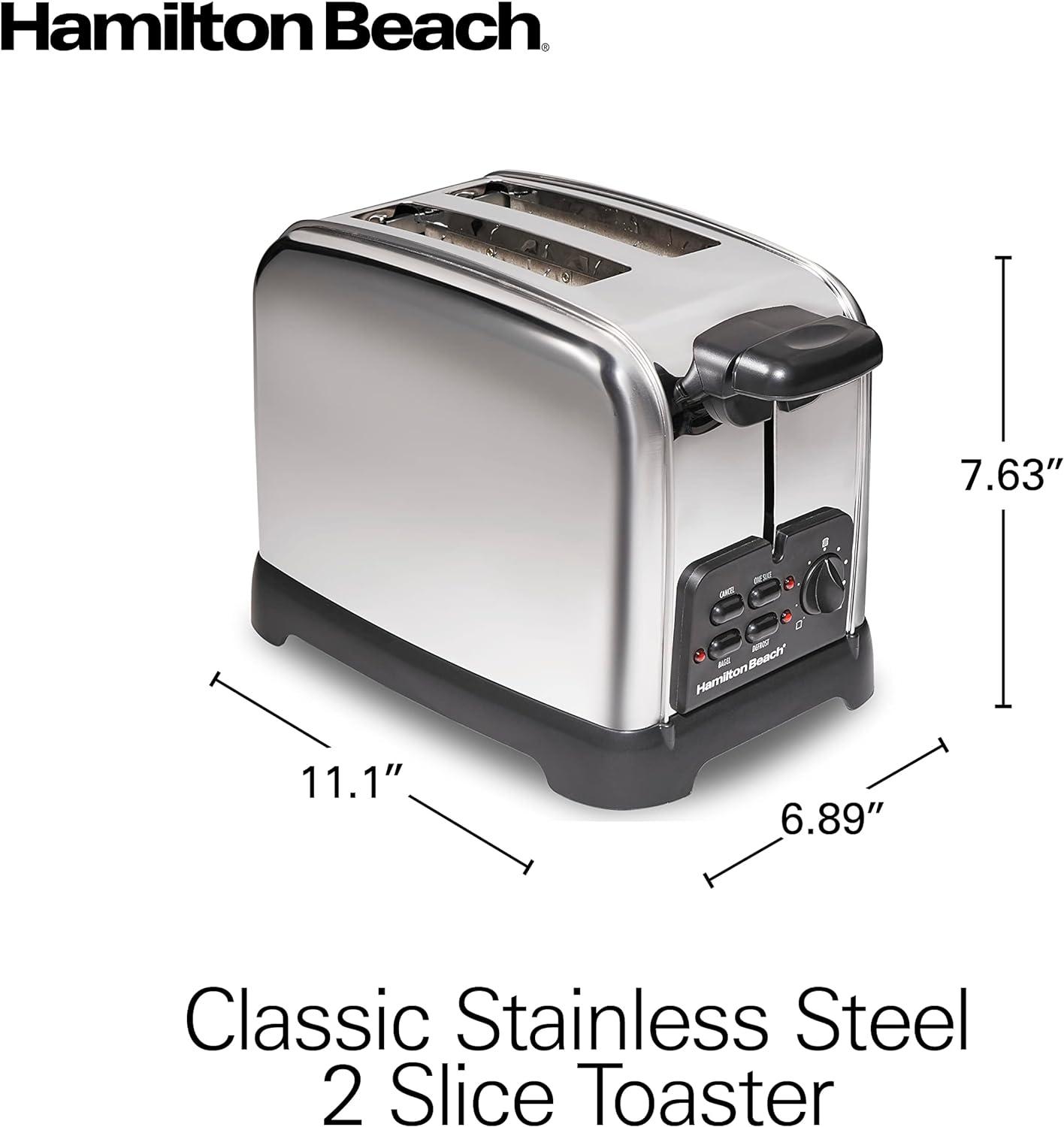 Hamilton Beach 2SL Classic toaster 22782: 2-Slice, 850W, Metal, Silver, Compact Design, 1-Year Warranty