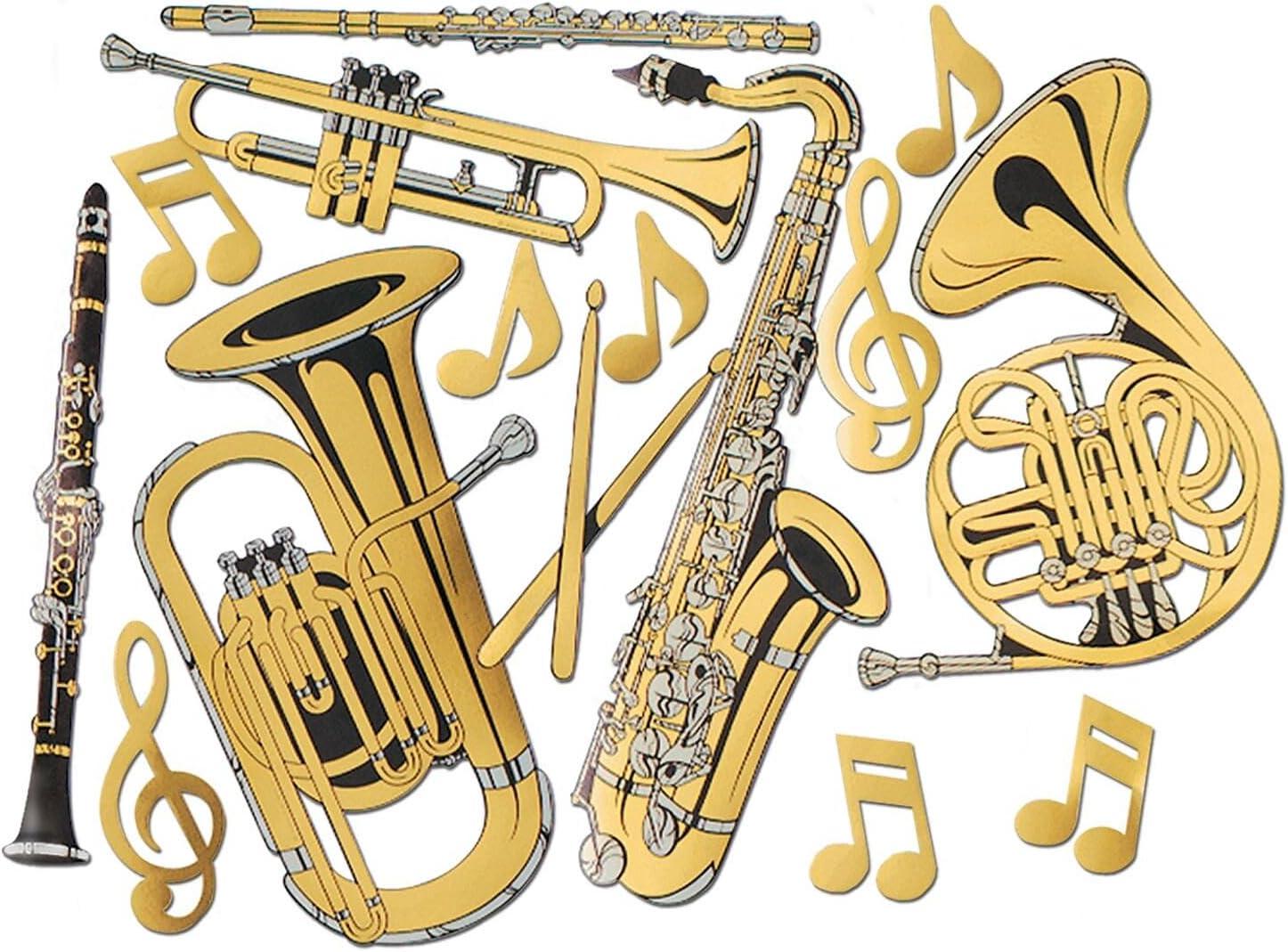 Beistle Gold Foil Musical Instrument Cutouts, 17"-23.5", (15/Pkg) Multicolored