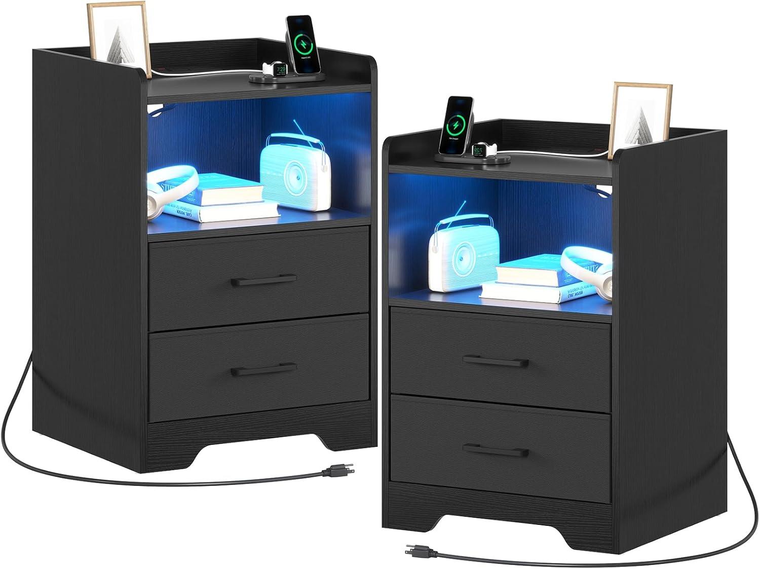 Black Modern Nightstand Set with LED Lights and USB Ports