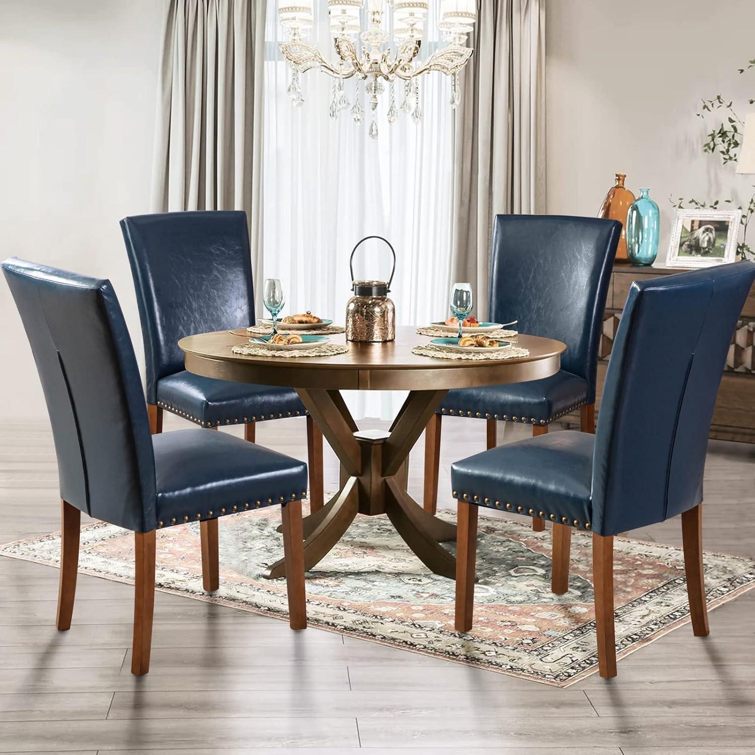 COLAMY Upholstered Dining Chairs Set of 2, PU Leather Dining Room Chairs with Nailhead Trim and Wood Legs - Blue