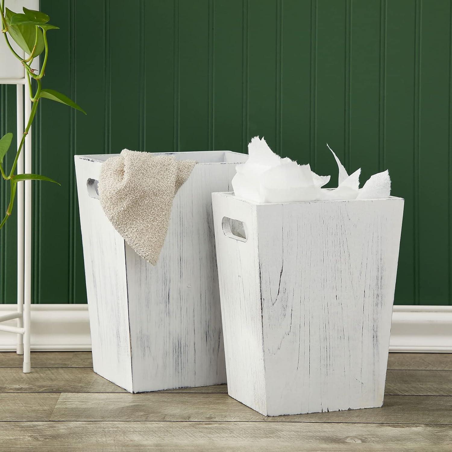 2 Piece Rustic Bathroom Trash Can Set with Handles for Bedroom, Living Room, Office (White-Washed, 2 Sizes)