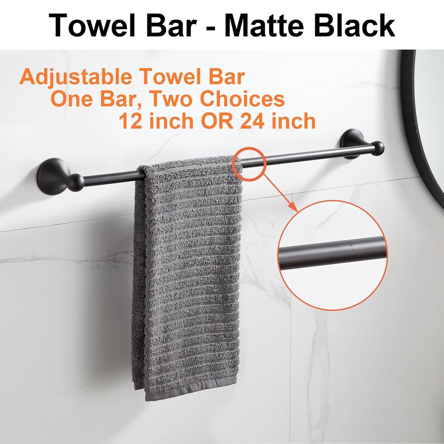 BGL Bathroom Hardware Set Matte Black Adjustable Expandable Towel Bar 4-Piece Bathroom Accessory Set Wall Mounted Robe Hook Toilet Paper Holder Towel Ring Towel Bar