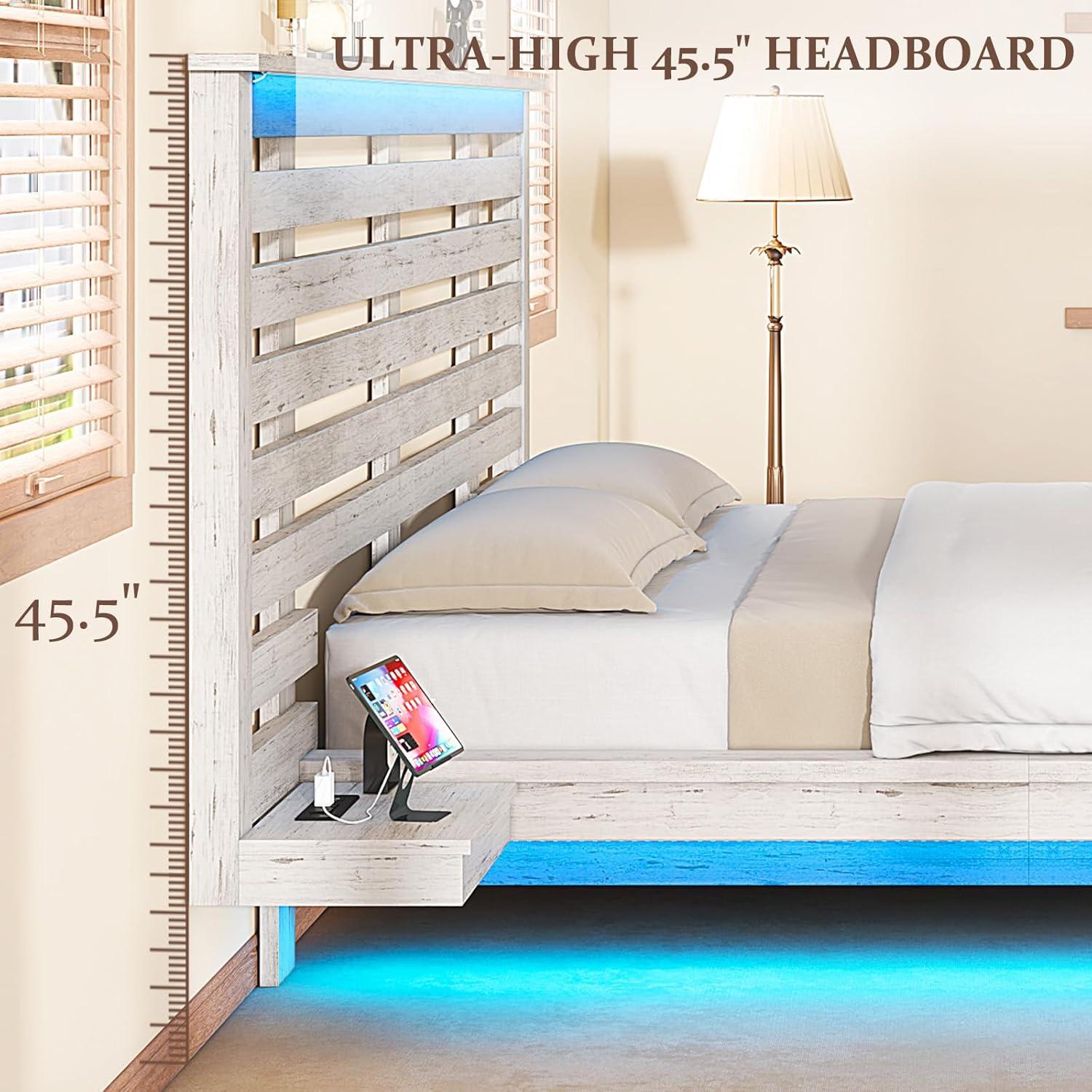 Distressed White Queen Floating Bed Frame with LED and Charging Station