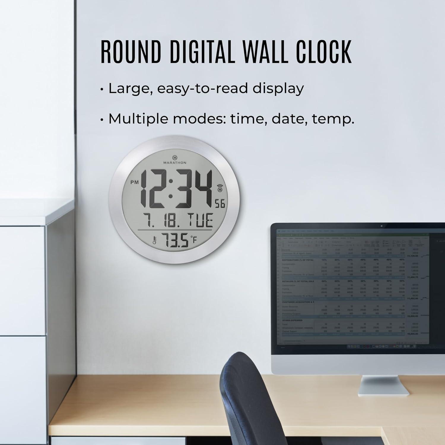 Marathon 10 Inch Round Sleek & Stylish Digital Wall Clock With Date & indoor Temperature