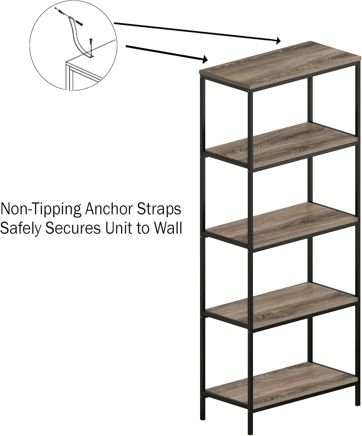 Lavish Home 5-Tier Bookshelf - Open Industrial Style Etagere Wooden Shelving Unit