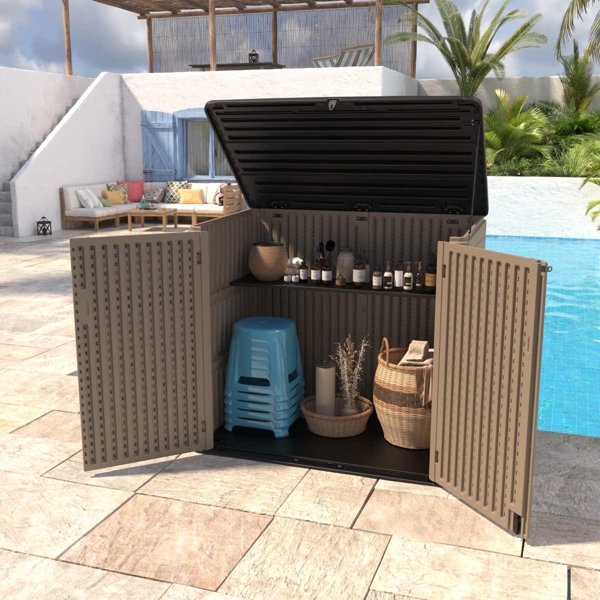 Large Brown Resin Outdoor Storage Shed with Shelving
