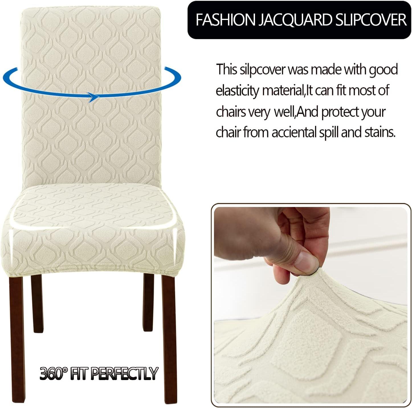 Beige Stretch Jacquard Dining Chair Covers, Set of 4