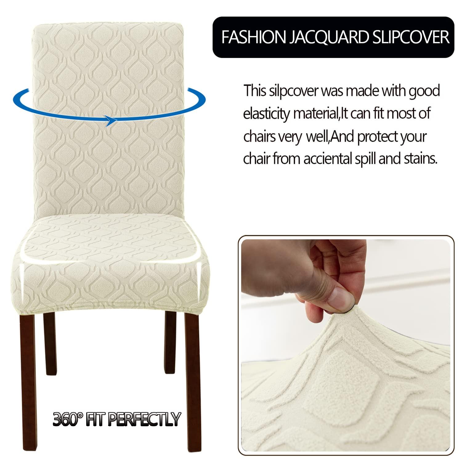 Beige Stretch Jacquard Dining Chair Covers, Set of 4