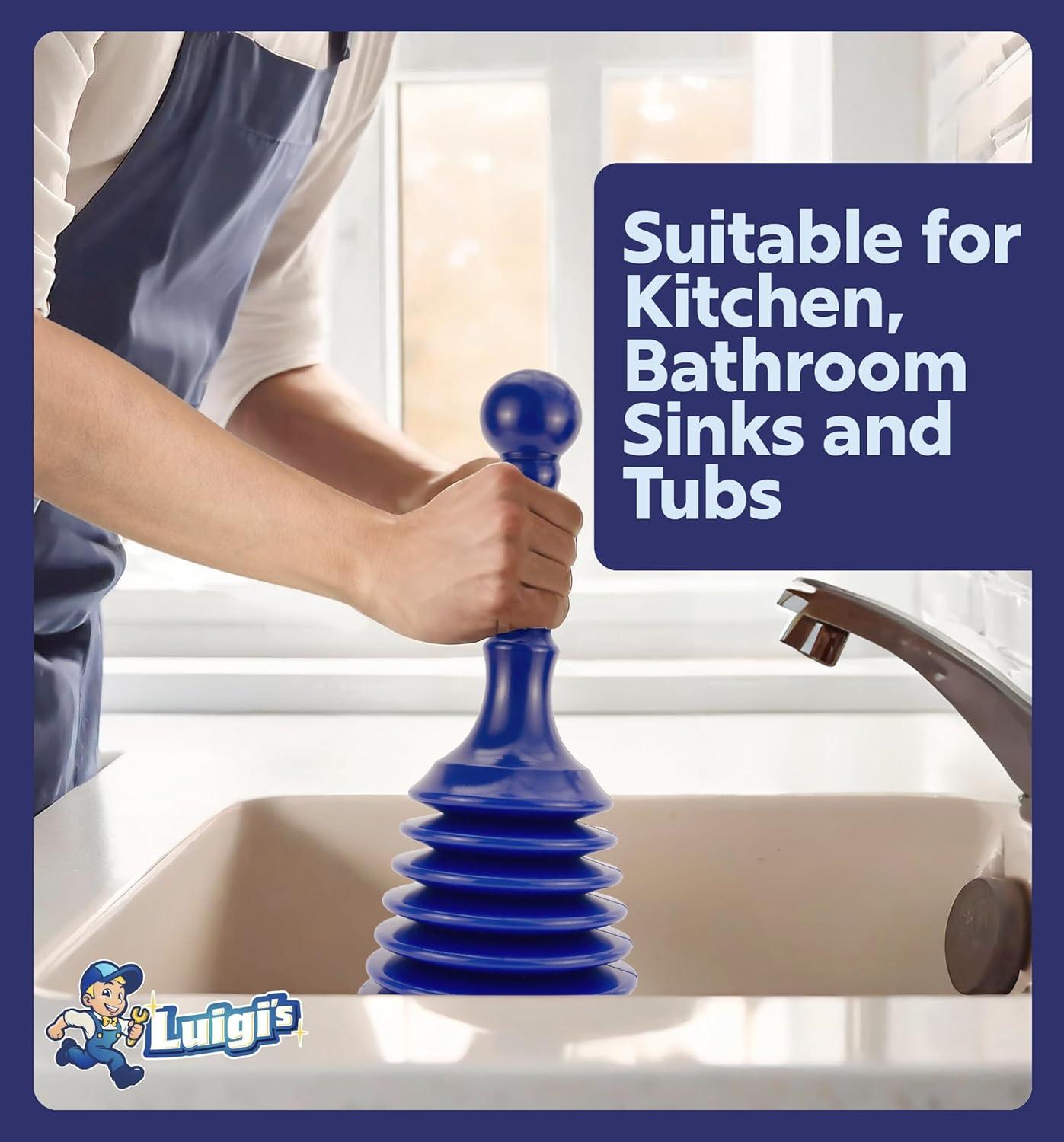 Luigi's Sink and Drain Plunger for Bathrooms, Kitchens, Sinks, Baths and Showers. Small and Powerful, Commercial Style 'Plumbers Plunger' with Large Bellows