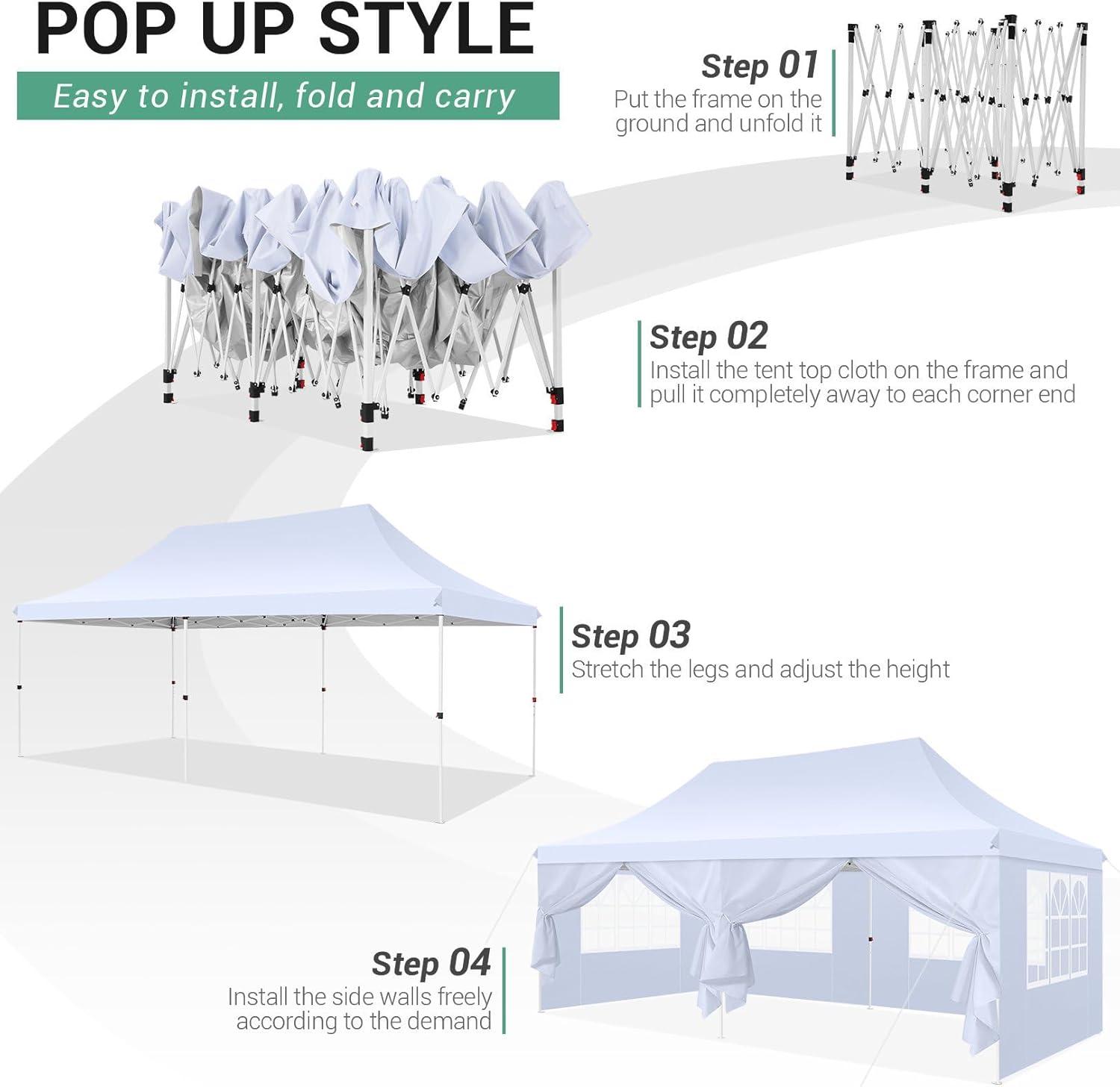 COBIZI 10x20 Pop Up Canopy with 6 Sidewalls,Waterproof Instant Party Tents for Weddings & Parties, Easy Up Commercial Canopy Tent,UPF 50+ UV Protection, 3-Height Adjustable Frame & 4 Sandbags White