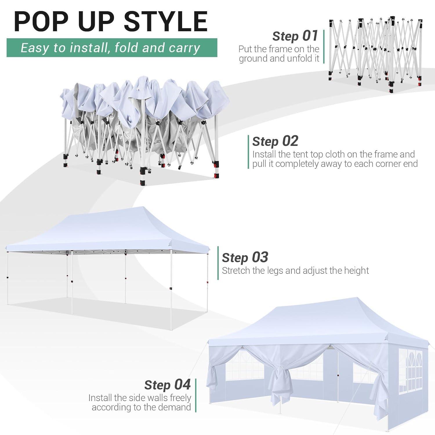 COBIZI 10x20 Pop Up Canopy with 6 Sidewalls,Waterproof Instant Party Tents for Weddings & Parties, Easy Up Commercial Canopy Tent,UPF 50+ UV Protection, 3-Height Adjustable Frame & 4 Sandbags White