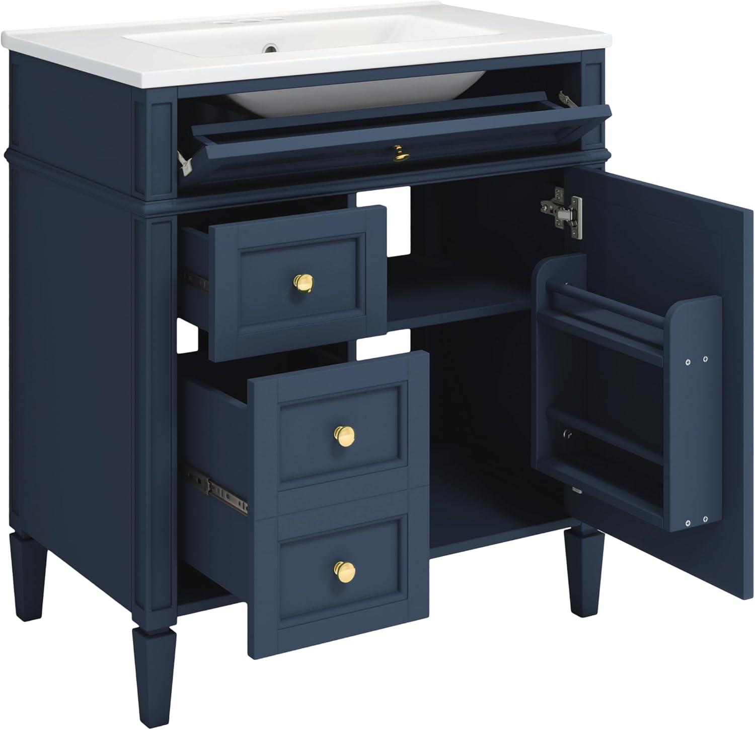 Bathroom Vanity with Sink, Solid Wood MDF, Modern Storage Cabinet with Tip-out Drawer, Amber Storage System, Soft Close Drawers, Blue