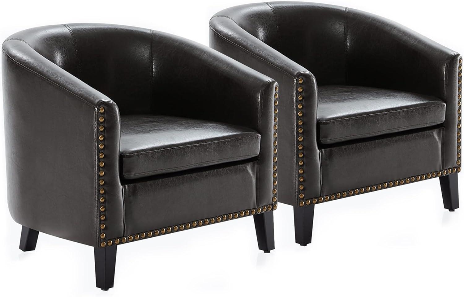 BELLEZE Accent Barrel Chairs Set of 2, Modern Tub Club Chairs Upholstered Armchairs for Living Room, Faux Leather Chairs with Gold Nail Head Trim Black Legs - Kyara (Dark Brown)