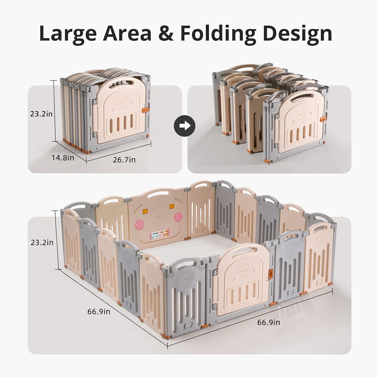 Extra Large Foldable Cream and Grey Baby Playpen with Gate