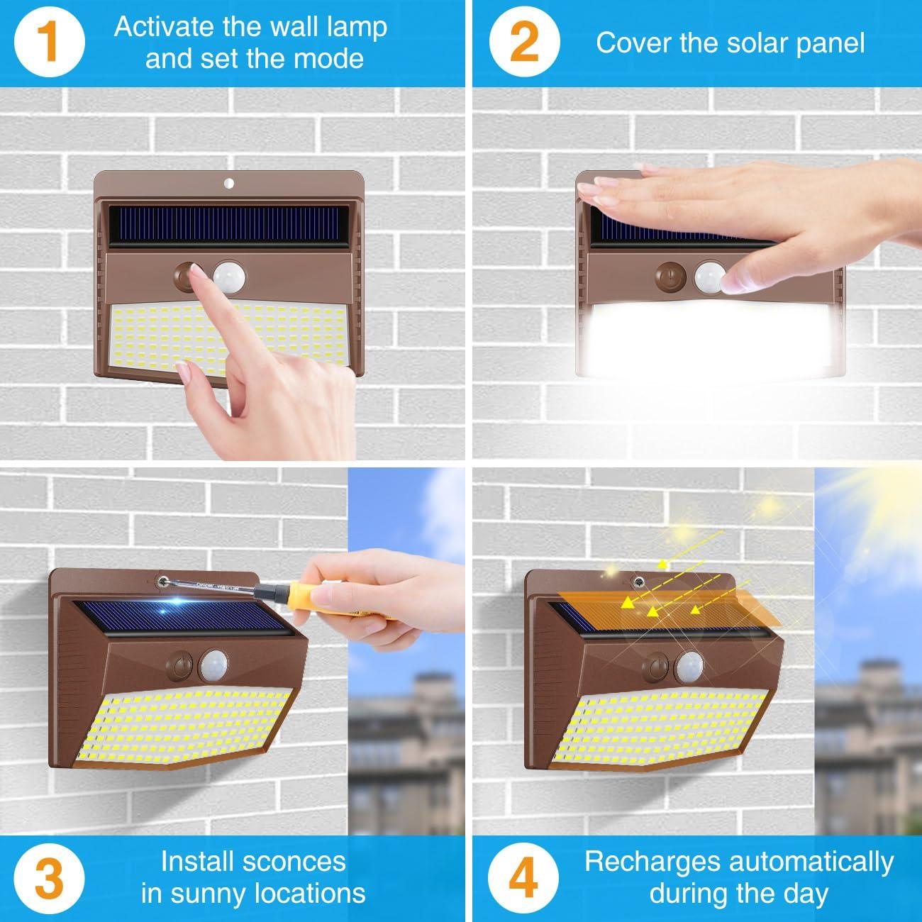 Peasur 6 Packs Solar Outdoor Lights Motion Sensor Solar Security Lights Waterproof with 3 Lighting Modes Solar Powered Wall Lights Outside for Garden Fence Yard Deck, Brown