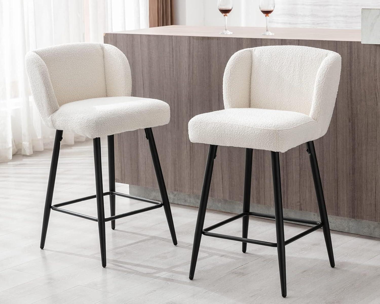 Modern Counter Height Bar Stools Set of 2, 26 Inch Faux Sherpa Upholstered Bar Stools with Back, 18" Seat Wide Island Stools with Black Metal Frame for Kitchen Counter/Breakfast Bar/Restaurant, White