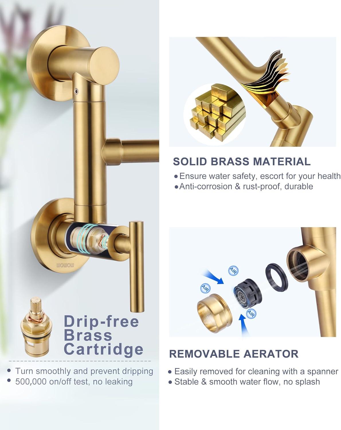 Wall Mount Folding Kitchen Pot Filler Faucet Brushed Gold Brass