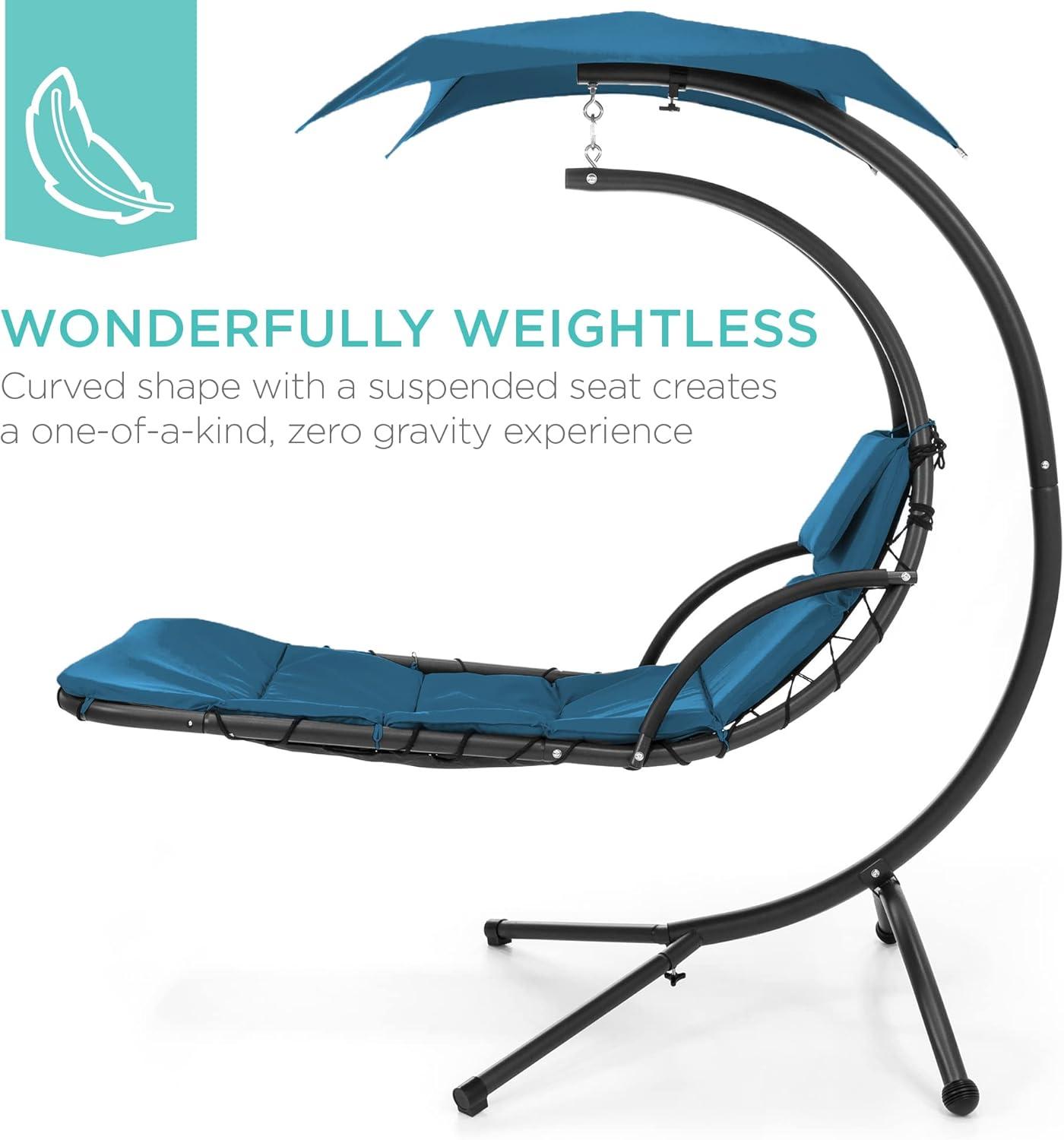 Best Choice Products Hanging Curved Chaise Lounge Chair Swing for Backyard, Patio w/ Pillow, Shade, Stand - Peacock Blue