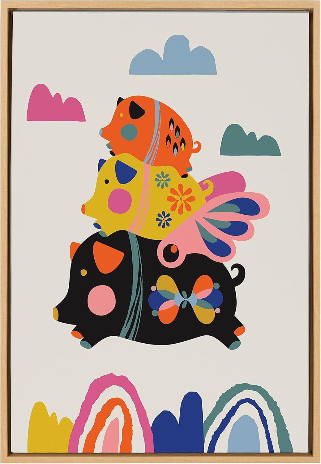Kate and Laurel Sylvie Flying Pigs Framed Canvas Wall Art by Rachel Lee of My Dream Wall, 23x33 Natural, Colorful Abstract Animal Nursery Art for Wall