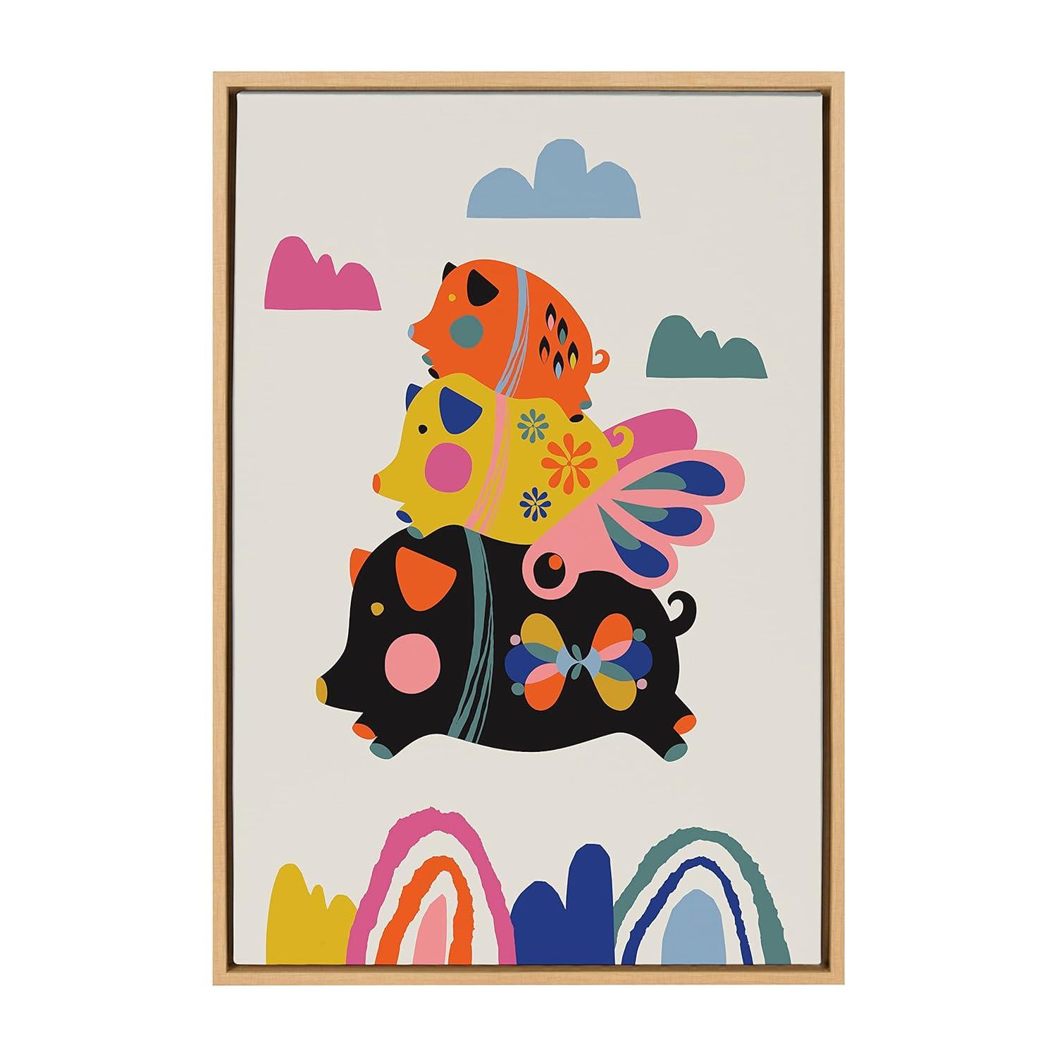 Kate and Laurel Sylvie Flying Pigs Framed Canvas Wall Art by Rachel Lee of My Dream Wall, 23x33 Natural, Colorful Abstract Animal Nursery Art for Wall