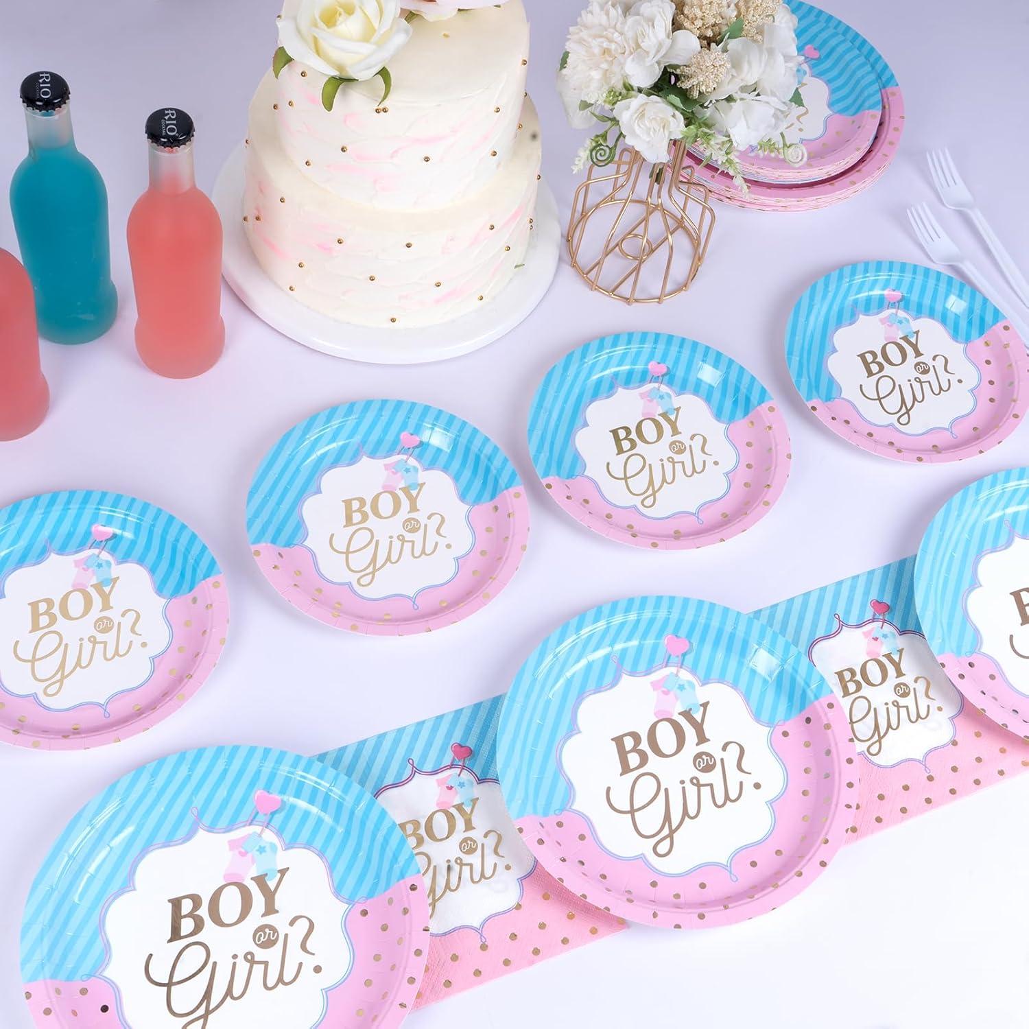 DECORLIFE Gender Reveal AJH3 Plates Serves 24, Boy or Girl Gender Reveal Party Supplies Includes Napkins and Forks for Baby Shower Reveal Party Decorations, Total 96PCS