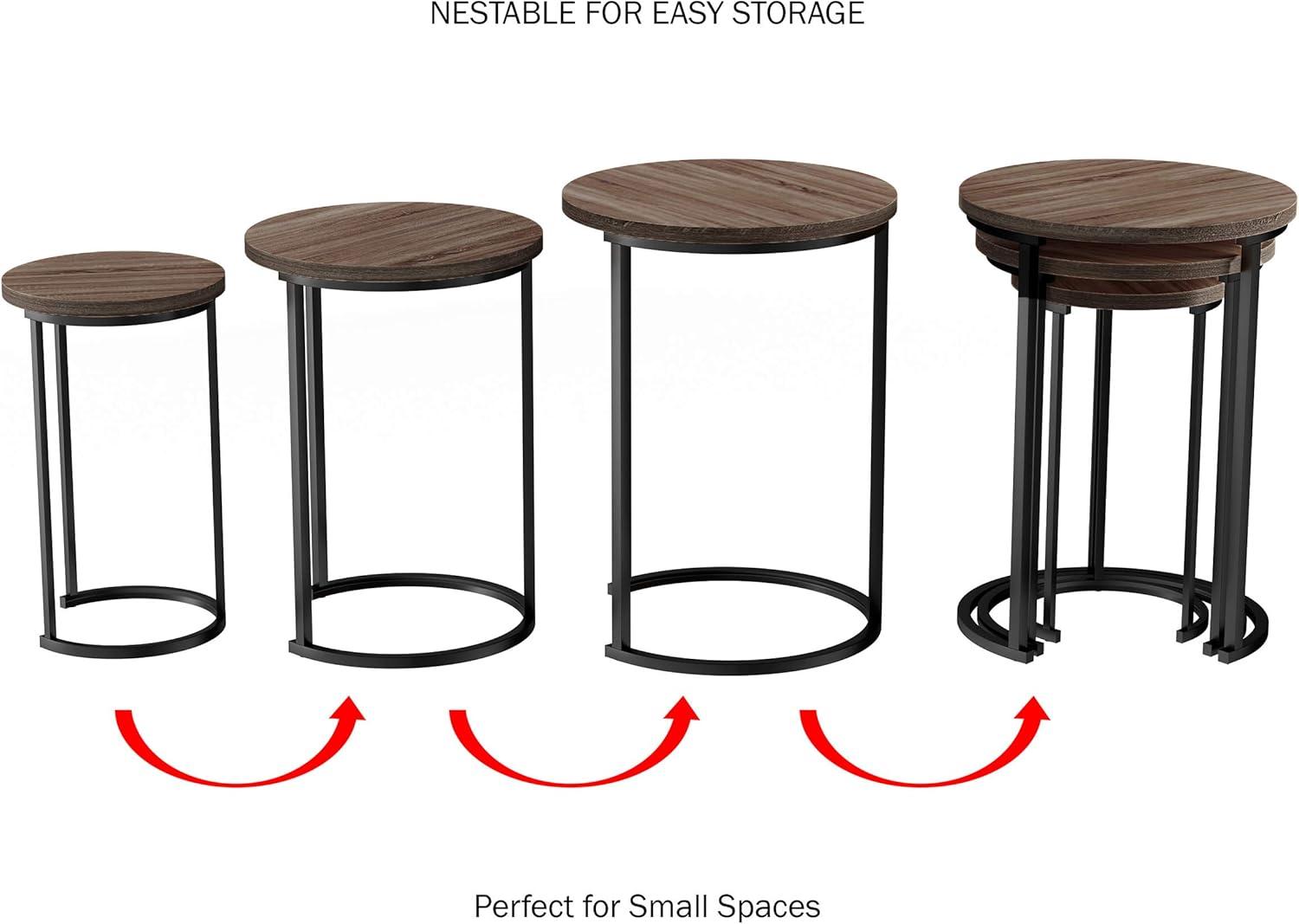 Set of 3 Round Living Room Nesting or End Tables with Black Metal Base, Gray-Brown