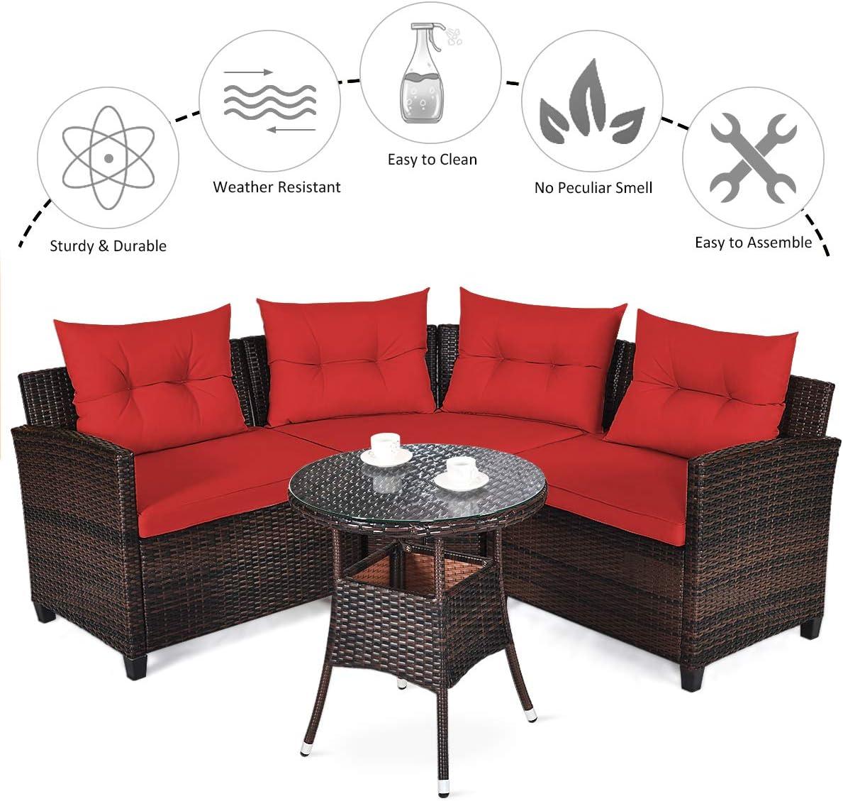 Costway 4PCS Outdoor Patio Rattan Furniture Set Cushioned Sofa Table Red