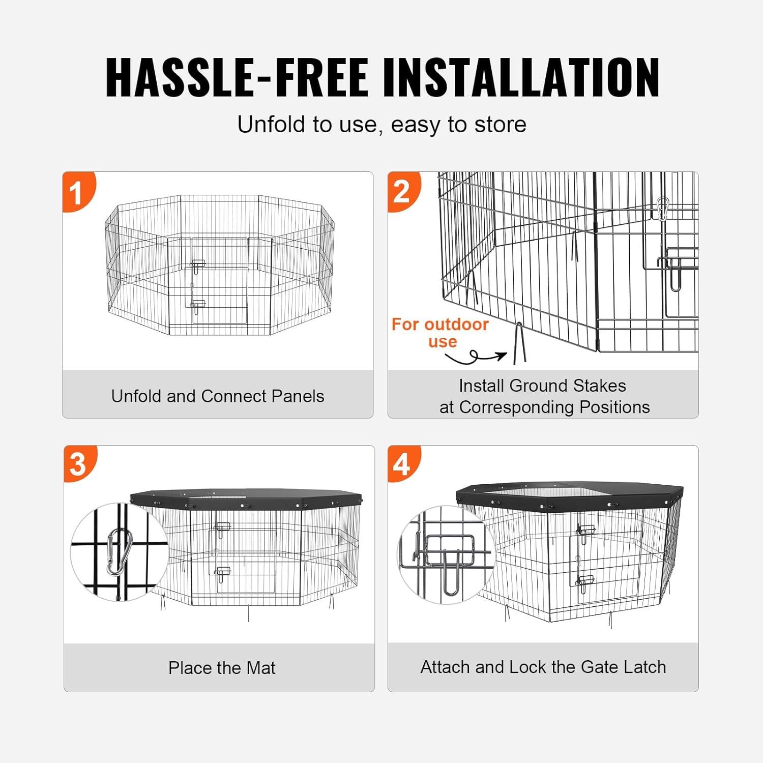 VEVOR Dog Playpen, 8 Panels Foldable Metal Dog Exercise Pen 24" H Pet Fence Puppy Crate Kennel with Ground Stakes Top Cover