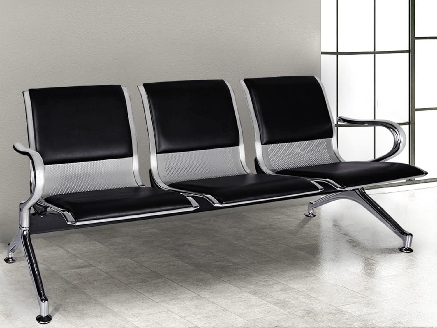 Kinbor Waiting Room Chairs, 3-Seat Reception Chairs Office Guest Waiting Furniture Bench Seating for Airport Bank Hospital, Black