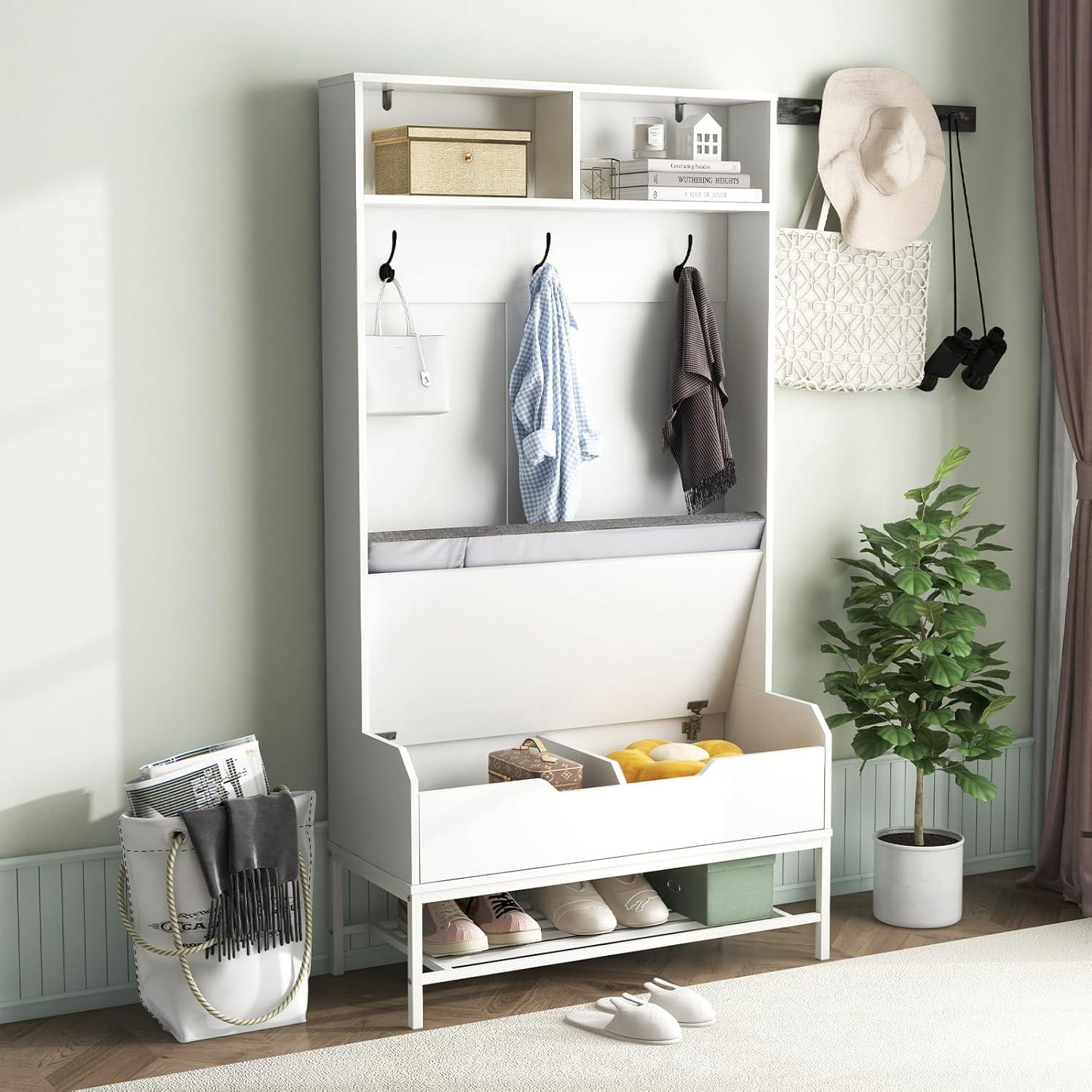 Kadyn Coat Hanger Organizer,Coat Rack, Hall Tree, 69 Inches Tall Hall Tree 4-in-1 Coat Rack with Seat Cushion and Shoe Storage-White