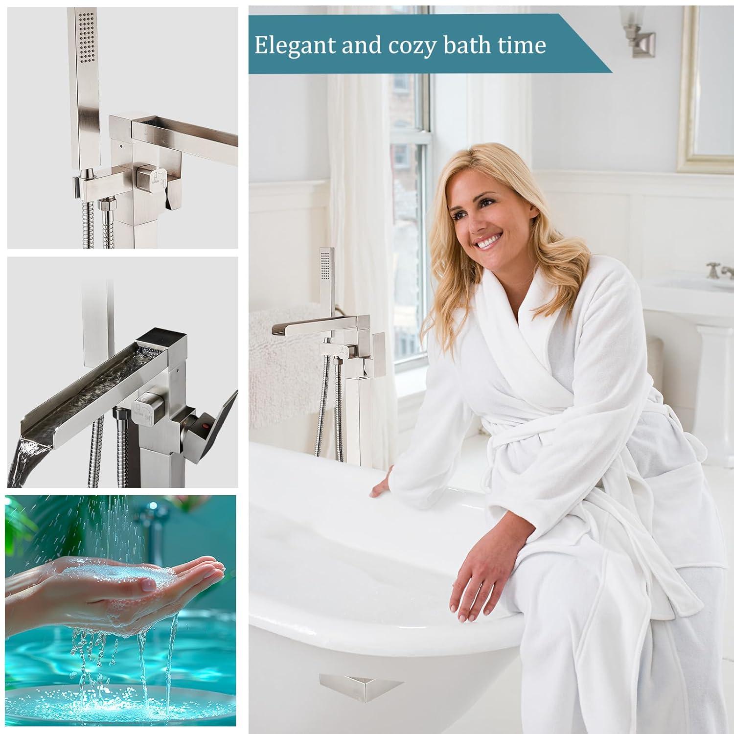 AlenArtWater Waterfall Tub Filler Freestanding Bathtub Faucet Floor Mount Brass Single Handle Bathroom Faucets with Hand Shower 93-LJQKCZ