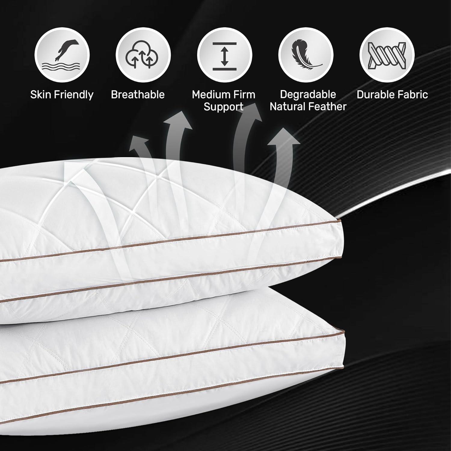 UNIKOME Goose Feathers and Down Pillow, Hotel Collection Gusseted Bed Pillows for Sleeping, 100% Cotton Pillow Cover, Queen Size, Set of 2