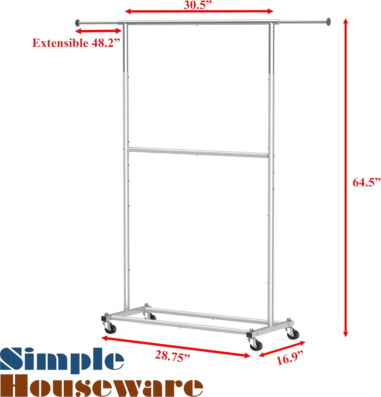 Simple Houseware Double Rod Garment Rack With Wheels and Hooks, Silver