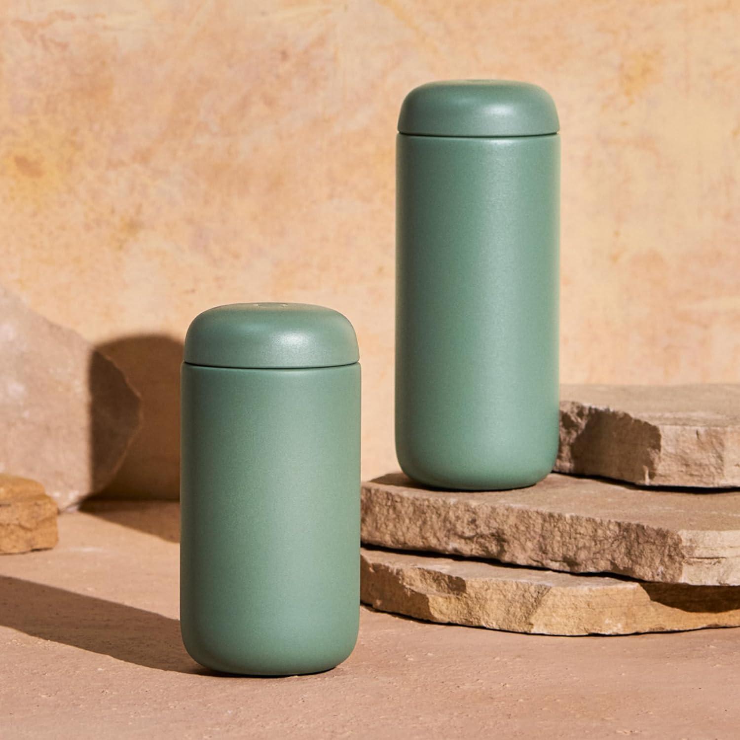 Fellow 16 oz Carter Move Travel Mug - Vacuum-Insulated Stainless Steel Travel Coffee Mug - Coffee Tumbler with Ceramic Interior and Splash Guard - Cargo Green
