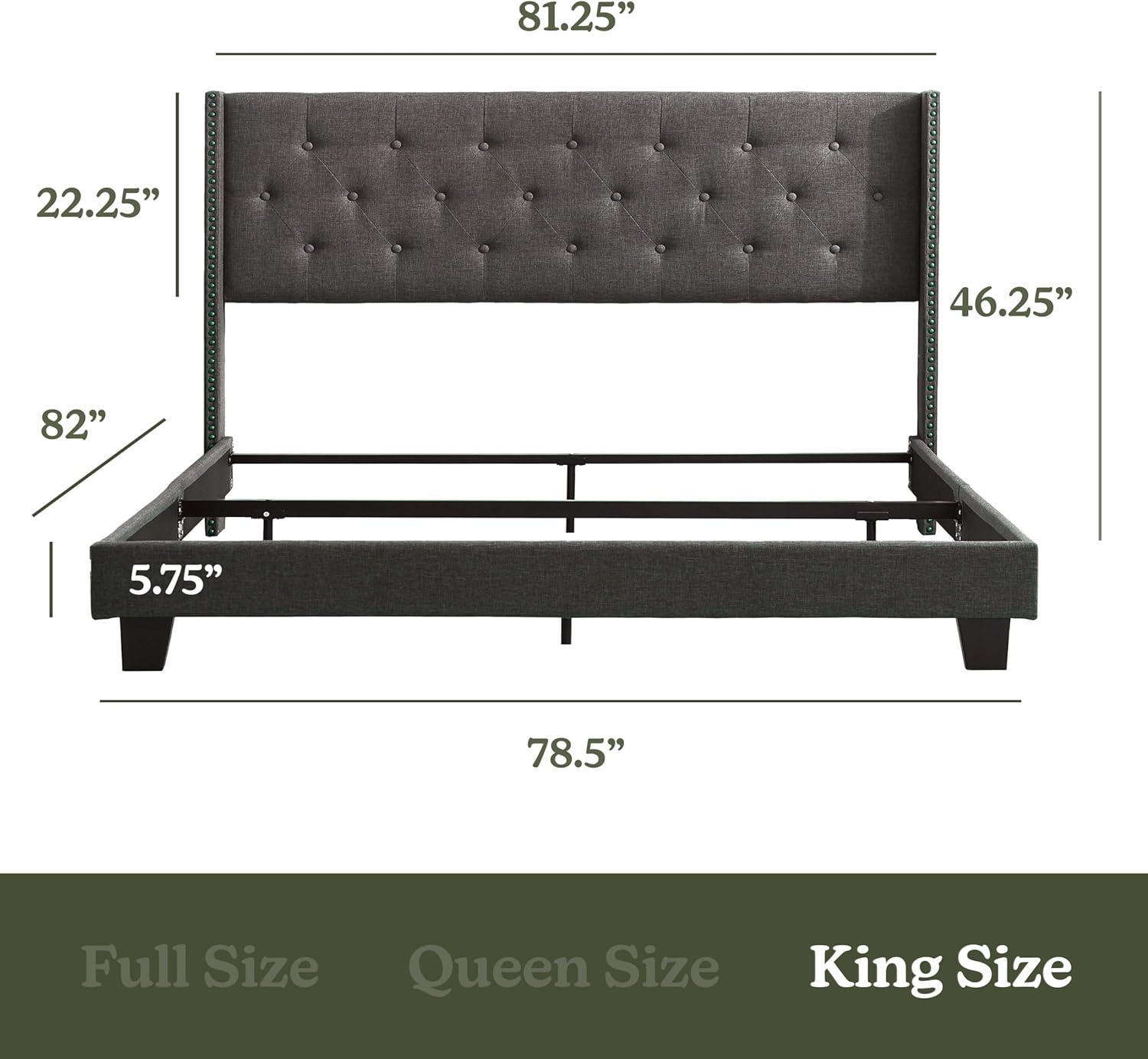 Bryt Wingback Diamond Upholstered Platform Bed, King Size Bed Frame with Headboard - Grey