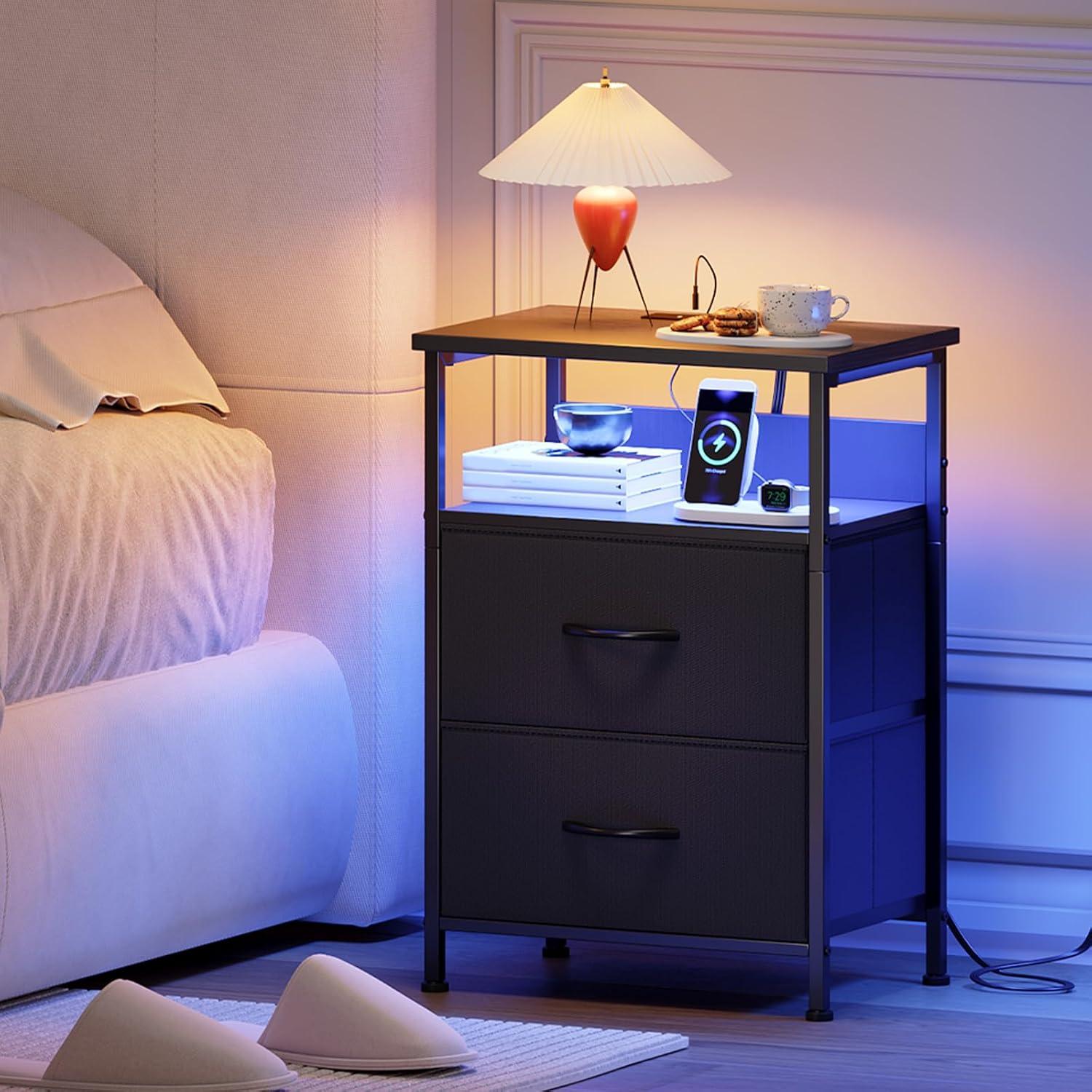 Eunos Black Dresser for Bedroom, 4 Drawer Nightstand with Charging Station, LED and Open Shelf