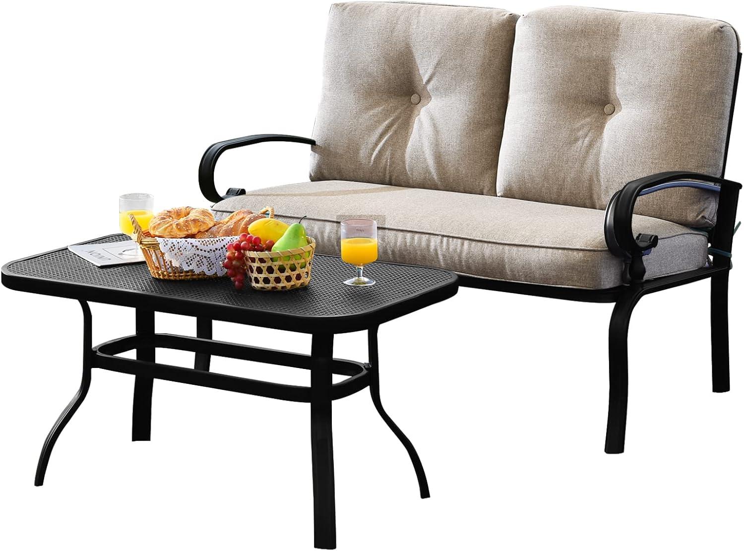 Beige Cushioned Steel Patio Loveseat with Coffee Table