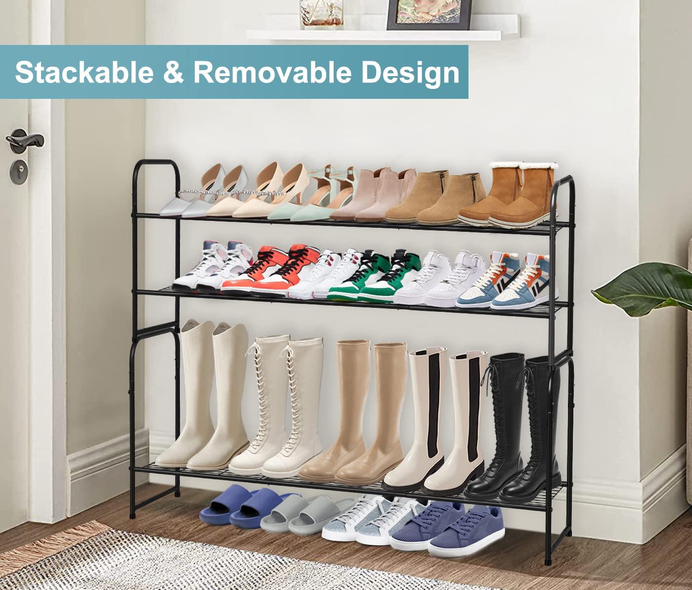 Long 2 Tier Shoe Rack for Closet Metal Wide Stackable Shoe Storage Organizer for Entryway, Bedroom, Floor, 18-Pairs Low Shoe Shelf, Black
